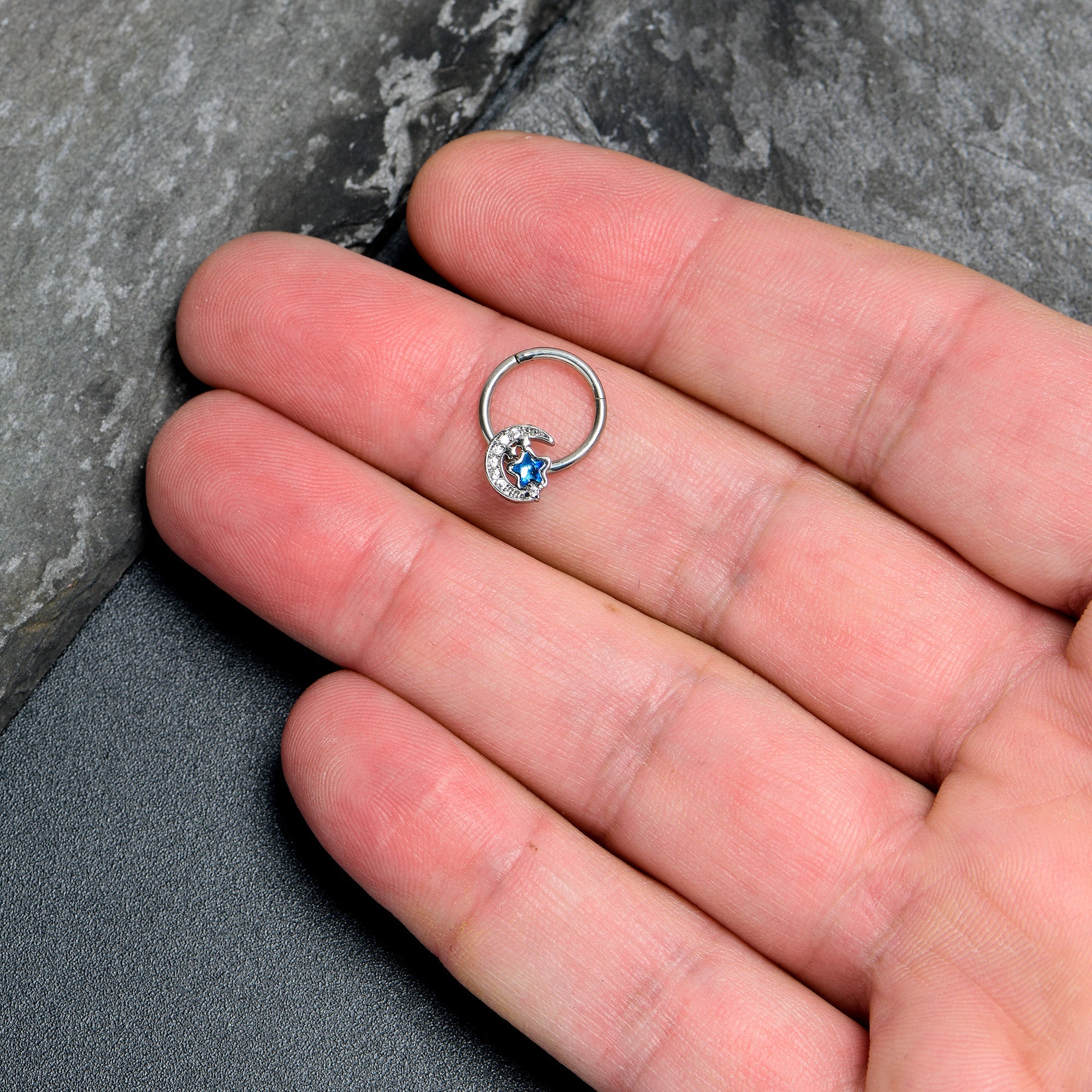 BodyCandy 16G 3/8 Blue CZ Gem Starry Night Sky Hinged Segment Ring — lifestyle context
