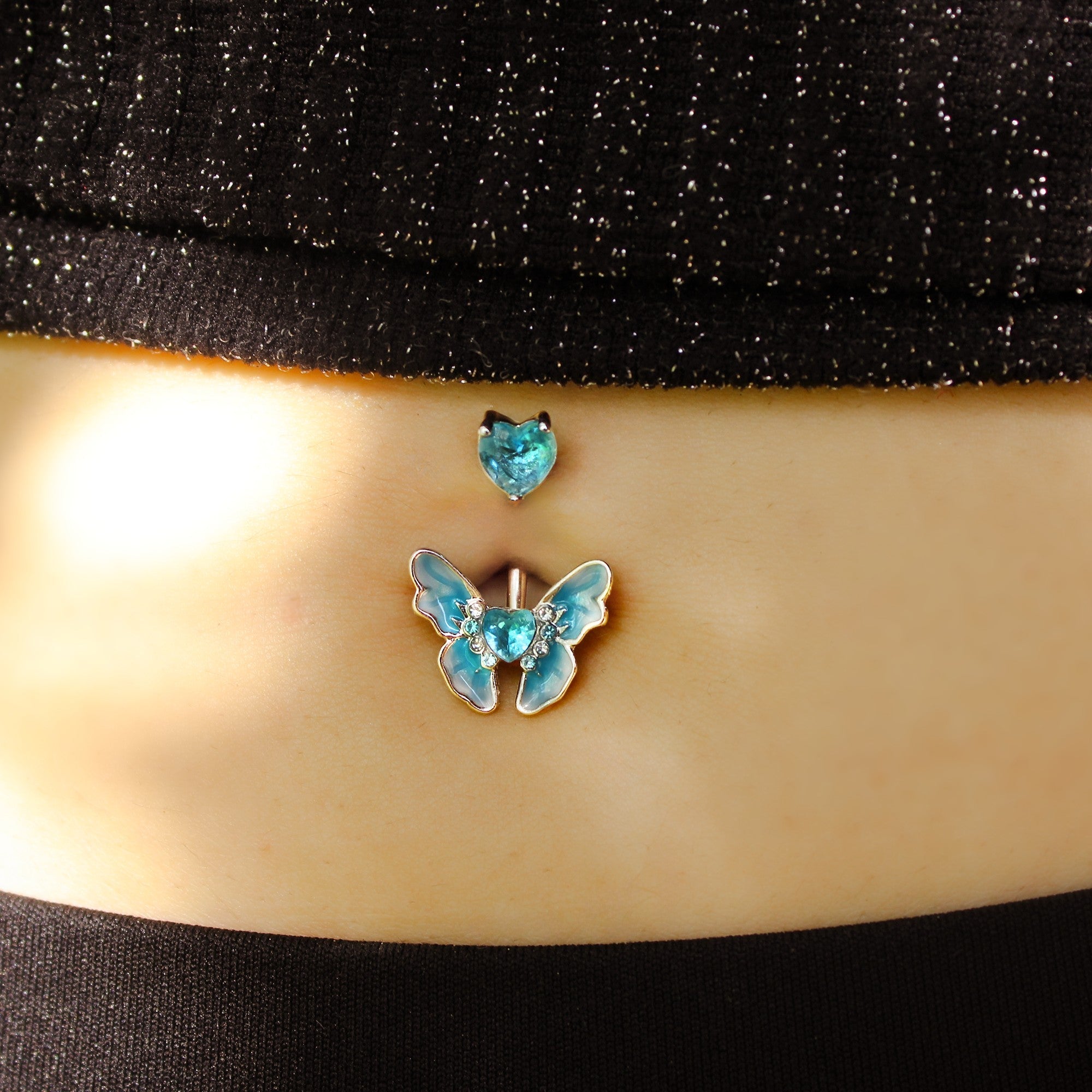 BodyCandy Aqua CZ Gem Butterfly Love Heart Double Mount Belly Ring — detail close-up