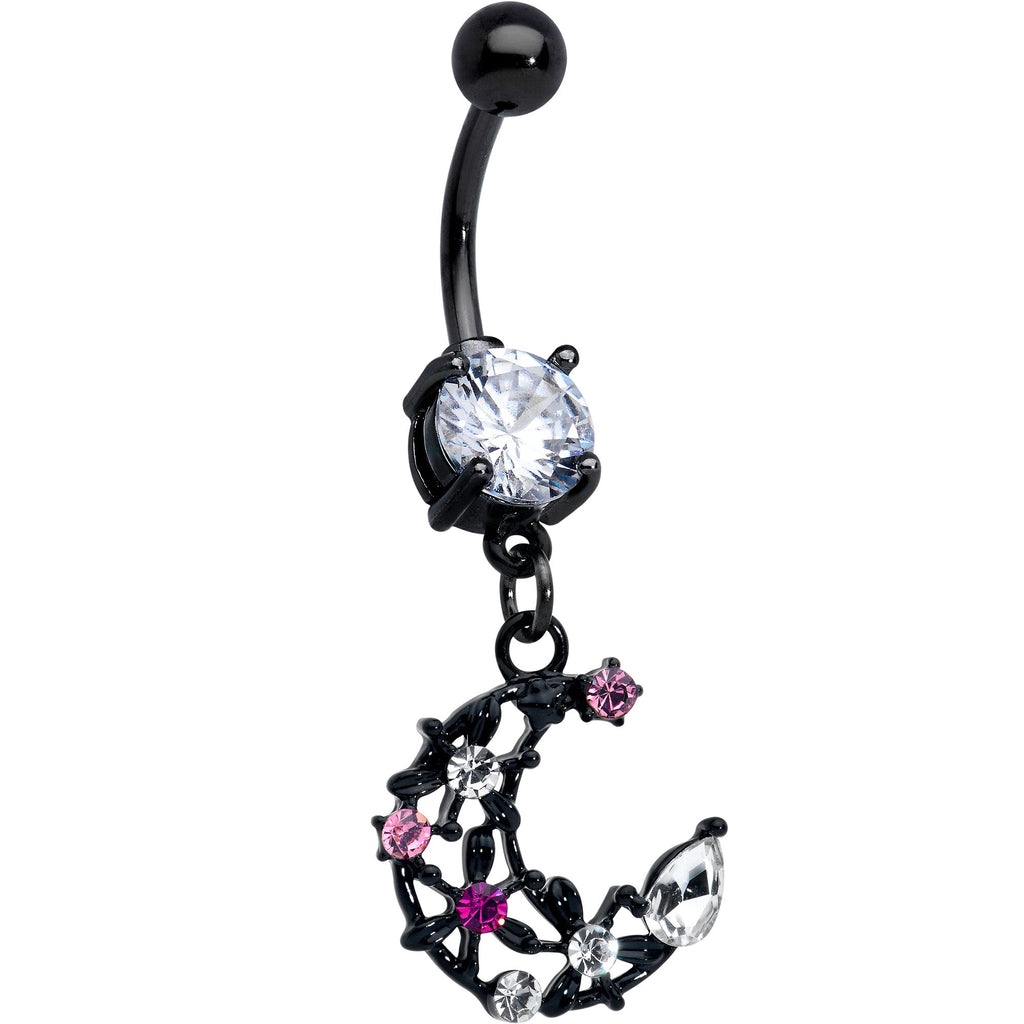 BodyCandy Clear Pink CZ Gem Black Flower Moon Dangle Belly Ring — main product shot