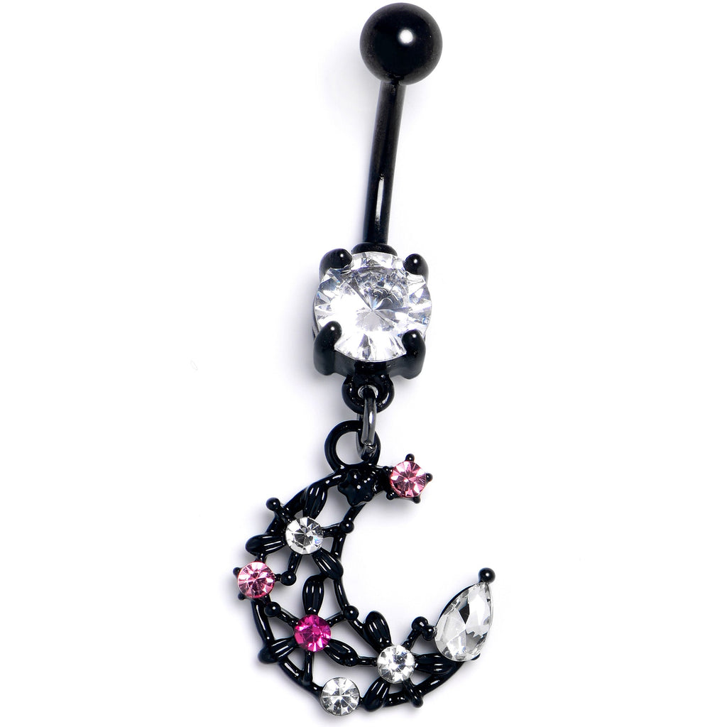 BodyCandy Clear Pink CZ Gem Black Flower Moon Dangle Belly Ring — lifestyle context