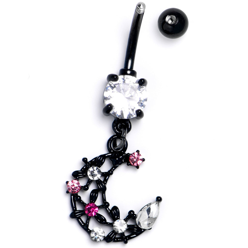 BodyCandy Clear Pink CZ Gem Black Flower Moon Dangle Belly Ring — side view