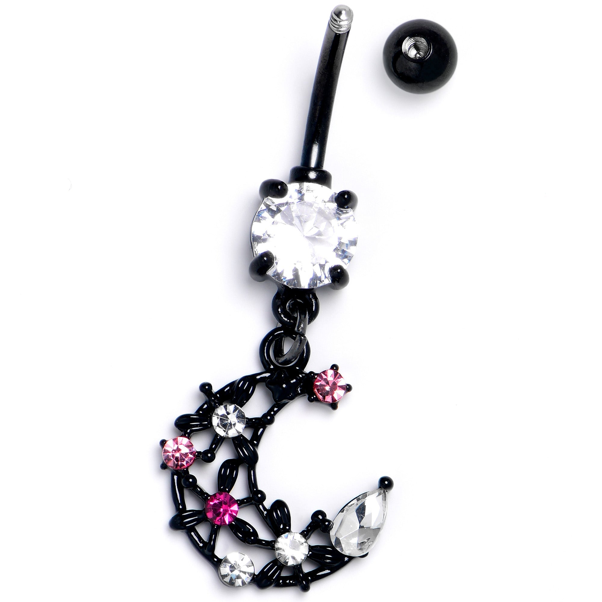 BodyCandy Clear Pink CZ Gem Black Flower Moon Dangle Belly Ring — side view