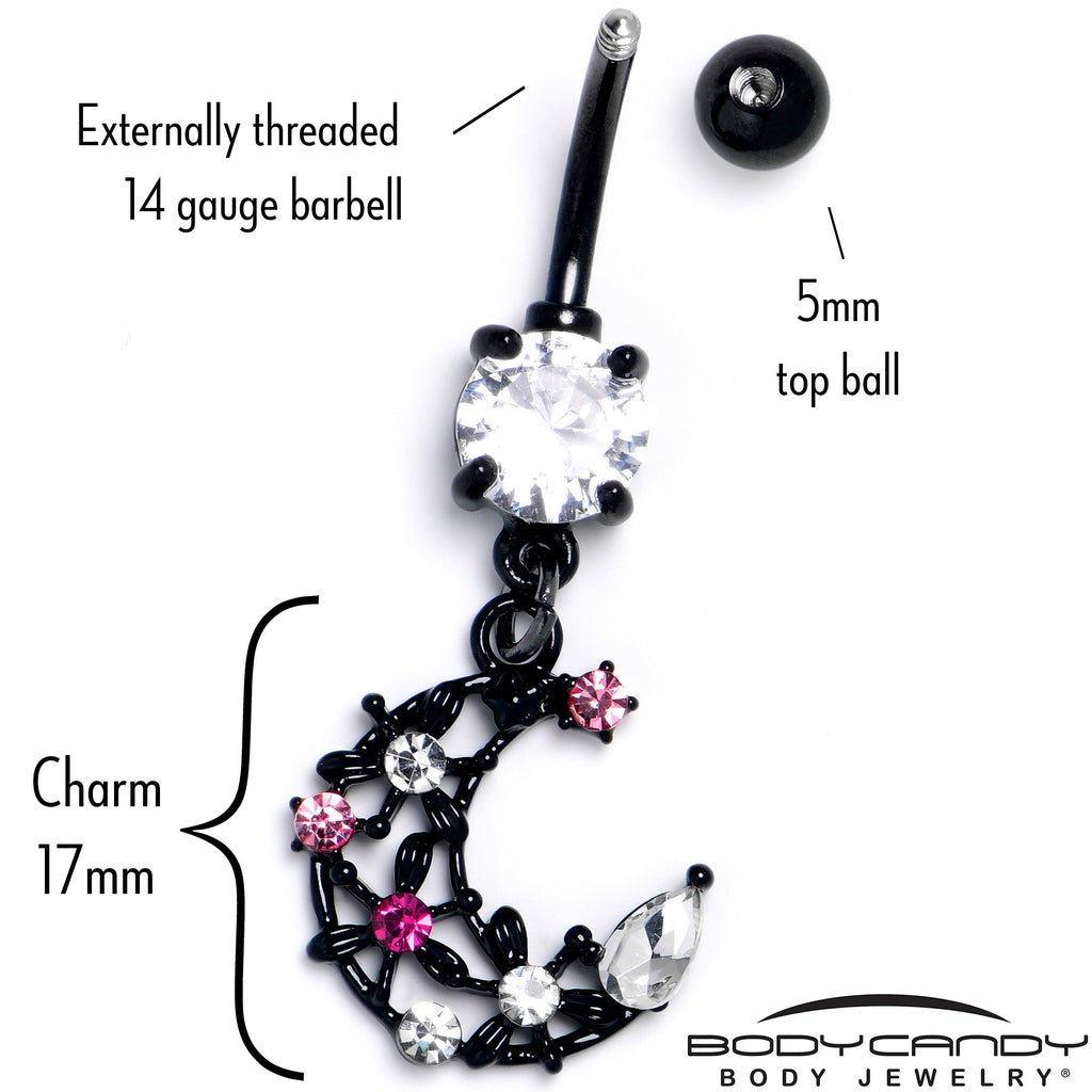 BodyCandy Clear Pink CZ Gem Black Flower Moon Dangle Belly Ring — back view