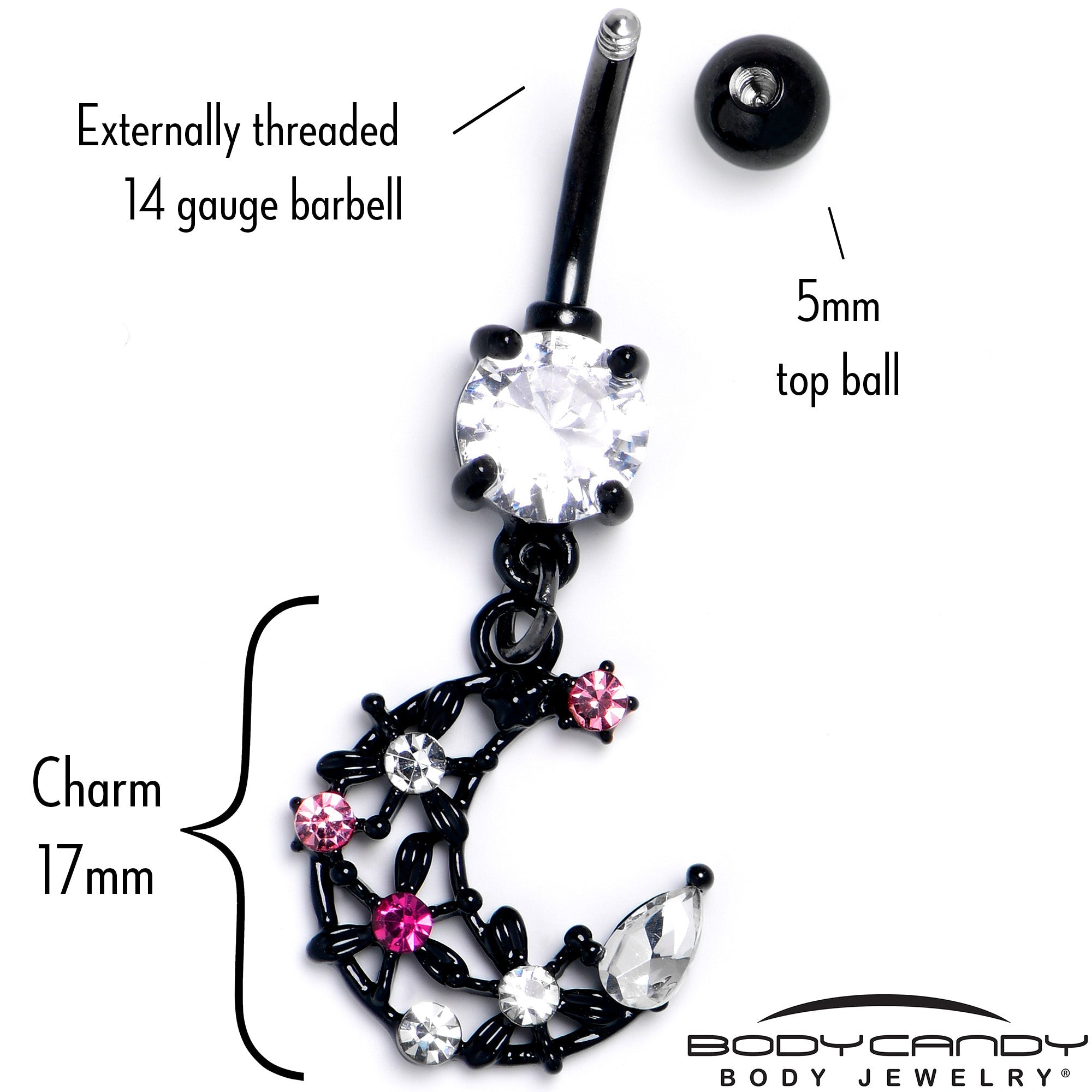BodyCandy Clear Pink CZ Gem Black Flower Moon Dangle Belly Ring — back view
