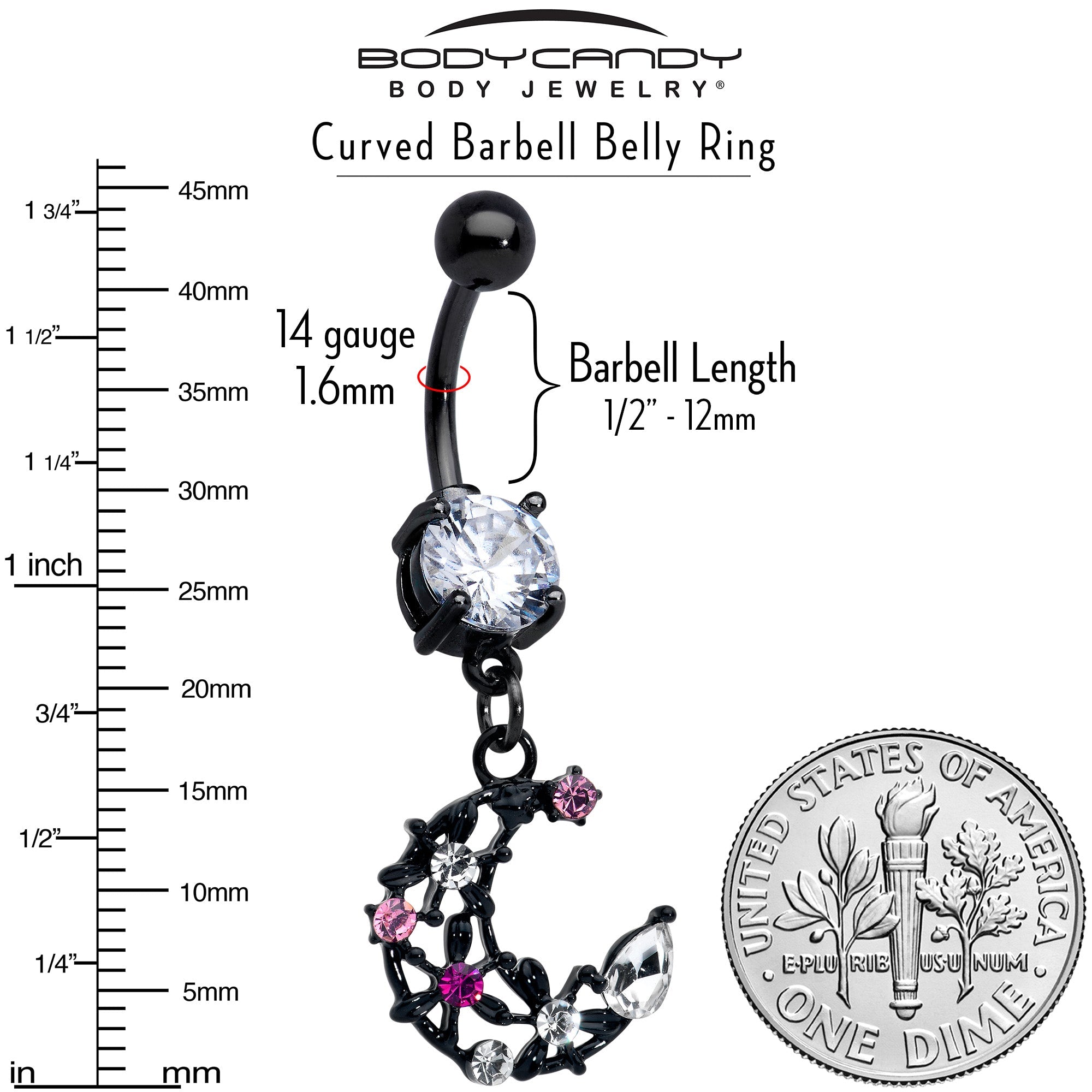 BodyCandy Clear Pink CZ Gem Black Flower Moon Dangle Belly Ring — alternative angle