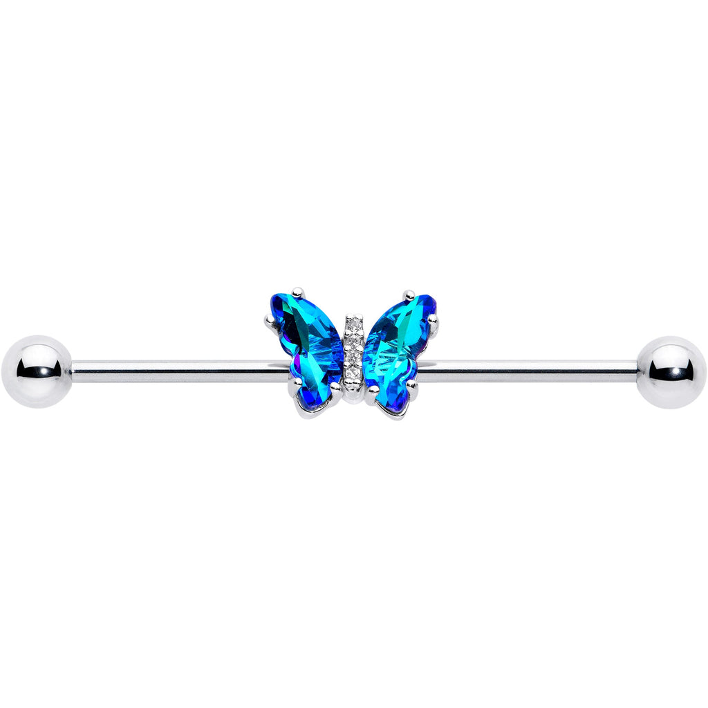 BodyCandy 14G Blue CZ Gem Simply Colorful Butterfly Industrial Barbell 38mm — detail close-up
