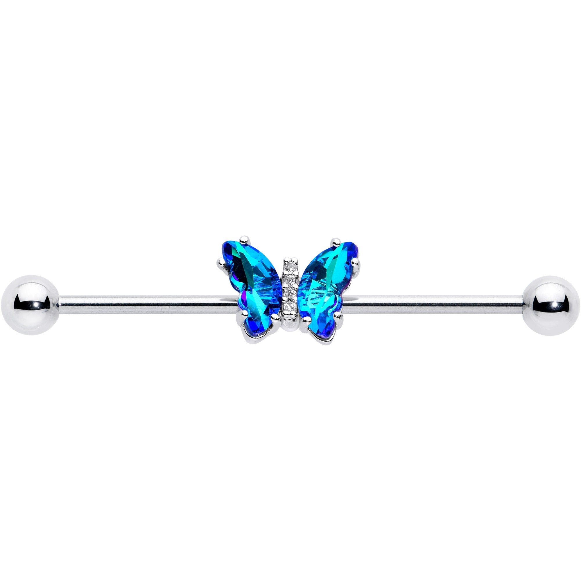 BodyCandy 14G Blue CZ Gem Simply Colorful Butterfly Industrial Barbell 38mm — detail close-up
