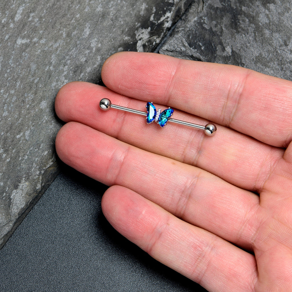 BodyCandy 14G Blue CZ Gem Simply Colorful Butterfly Industrial Barbell 38mm — lifestyle context