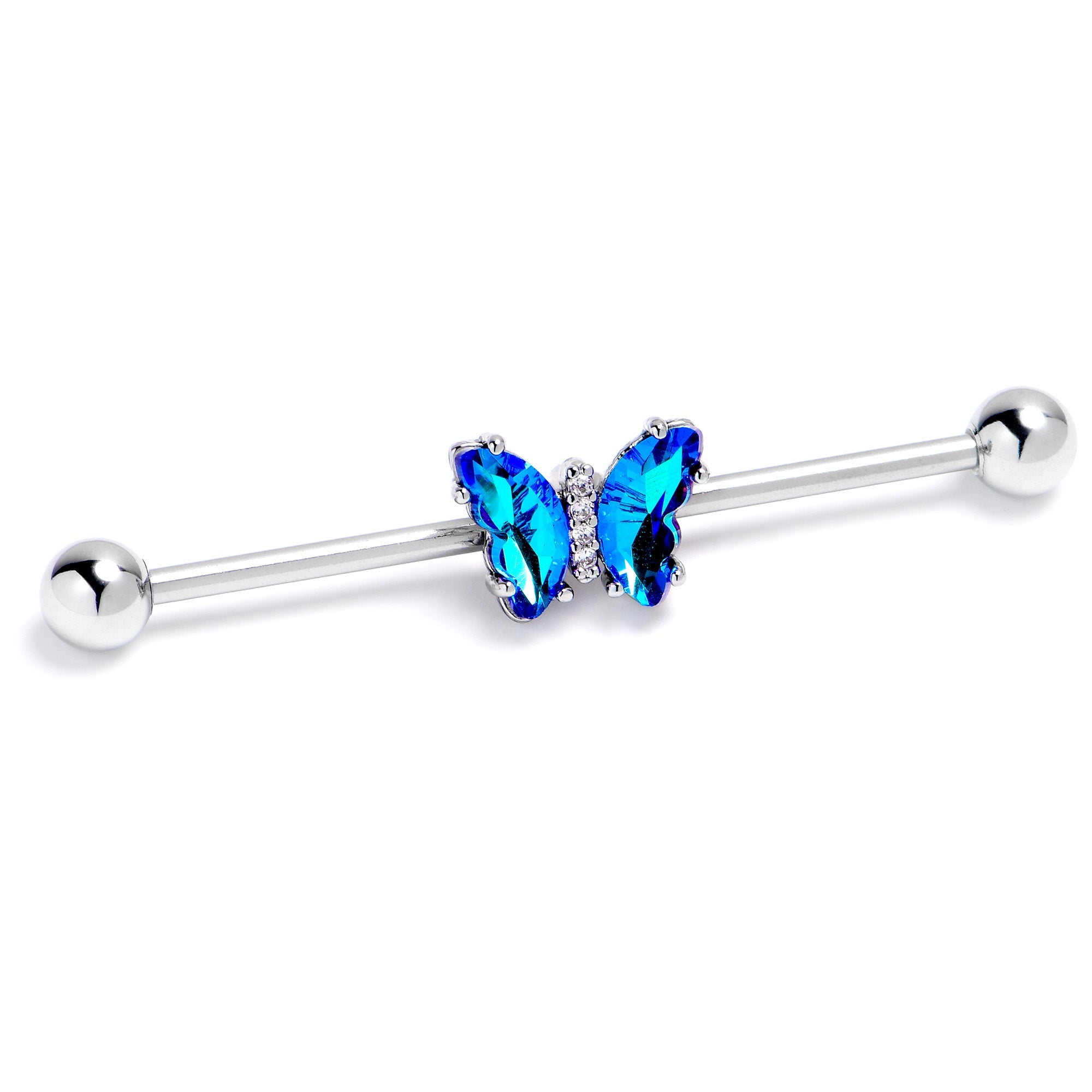 BodyCandy 14G Blue CZ Gem Simply Colorful Butterfly Industrial Barbell 38mm — side view