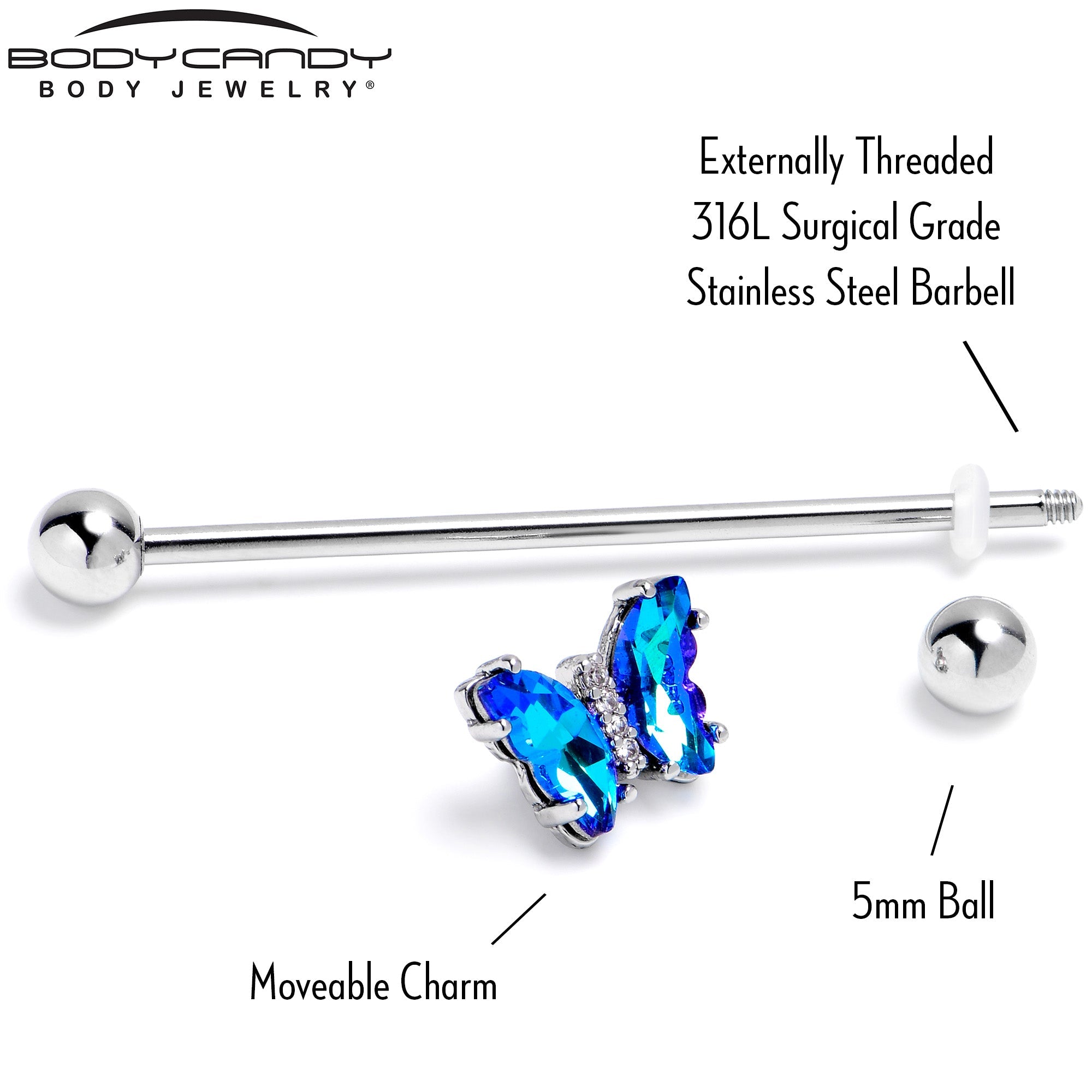 BodyCandy 14G Blue CZ Gem Simply Colorful Butterfly Industrial Barbell 38mm — back view