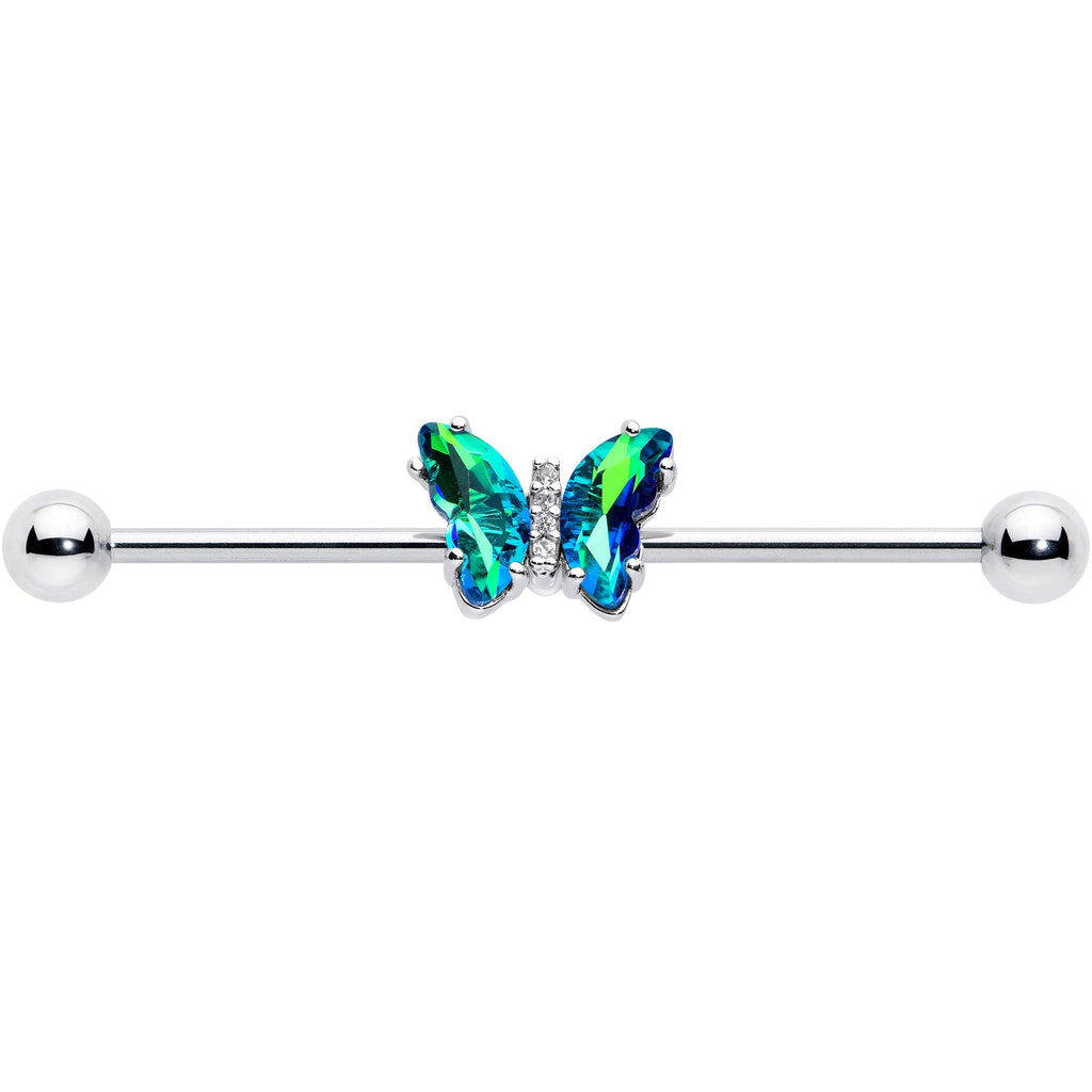 BodyCandy 14G Green CZ Gem Simply Colorful Butterfly Industrial Barbell 38mm — detail close-up