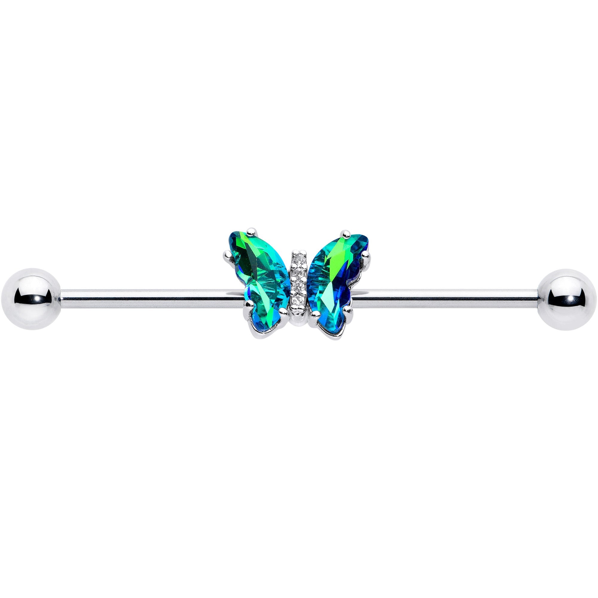 BodyCandy 14G Green CZ Gem Simply Colorful Butterfly Industrial Barbell 38mm — detail close-up
