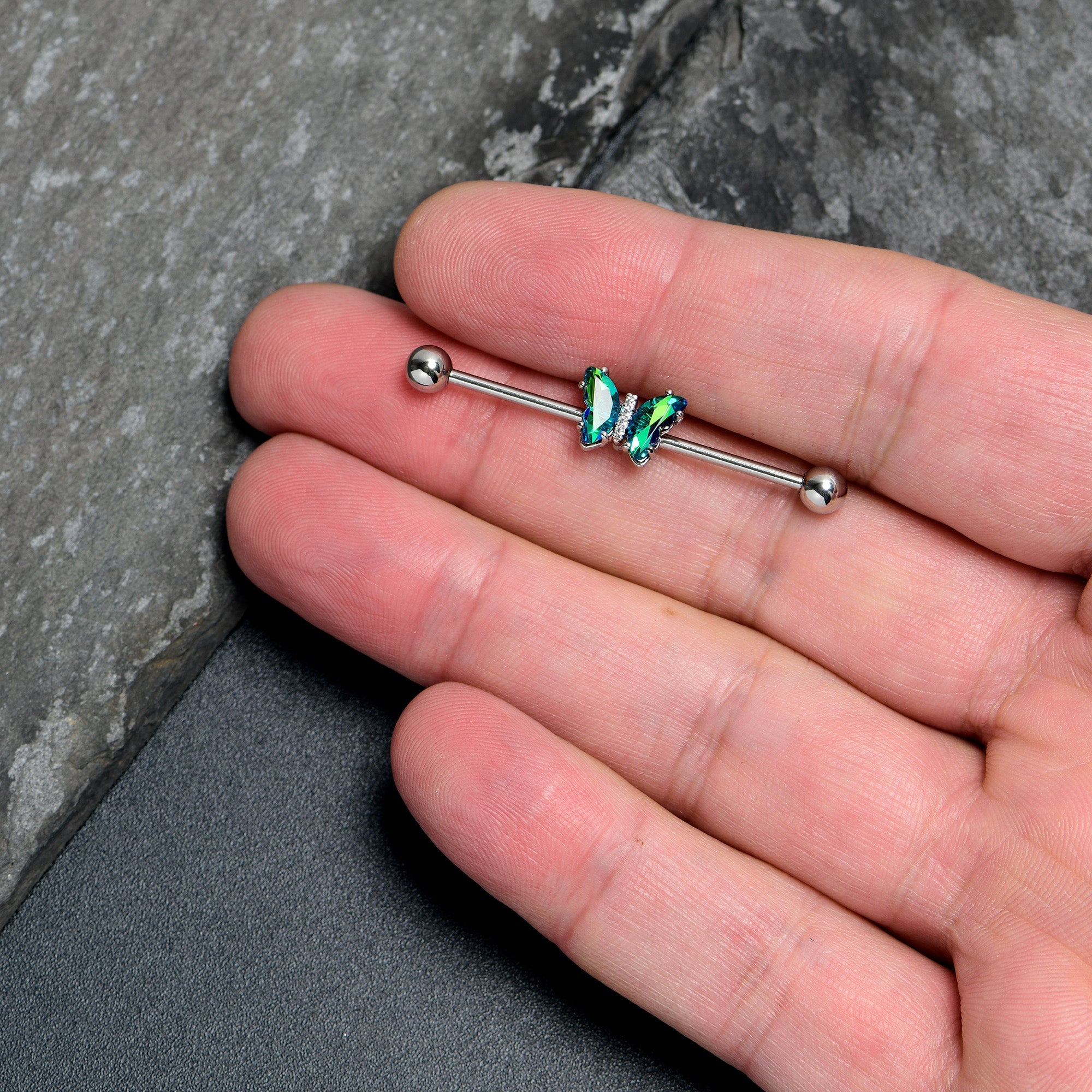 BodyCandy 14G Green CZ Gem Simply Colorful Butterfly Industrial Barbell 38mm — lifestyle context