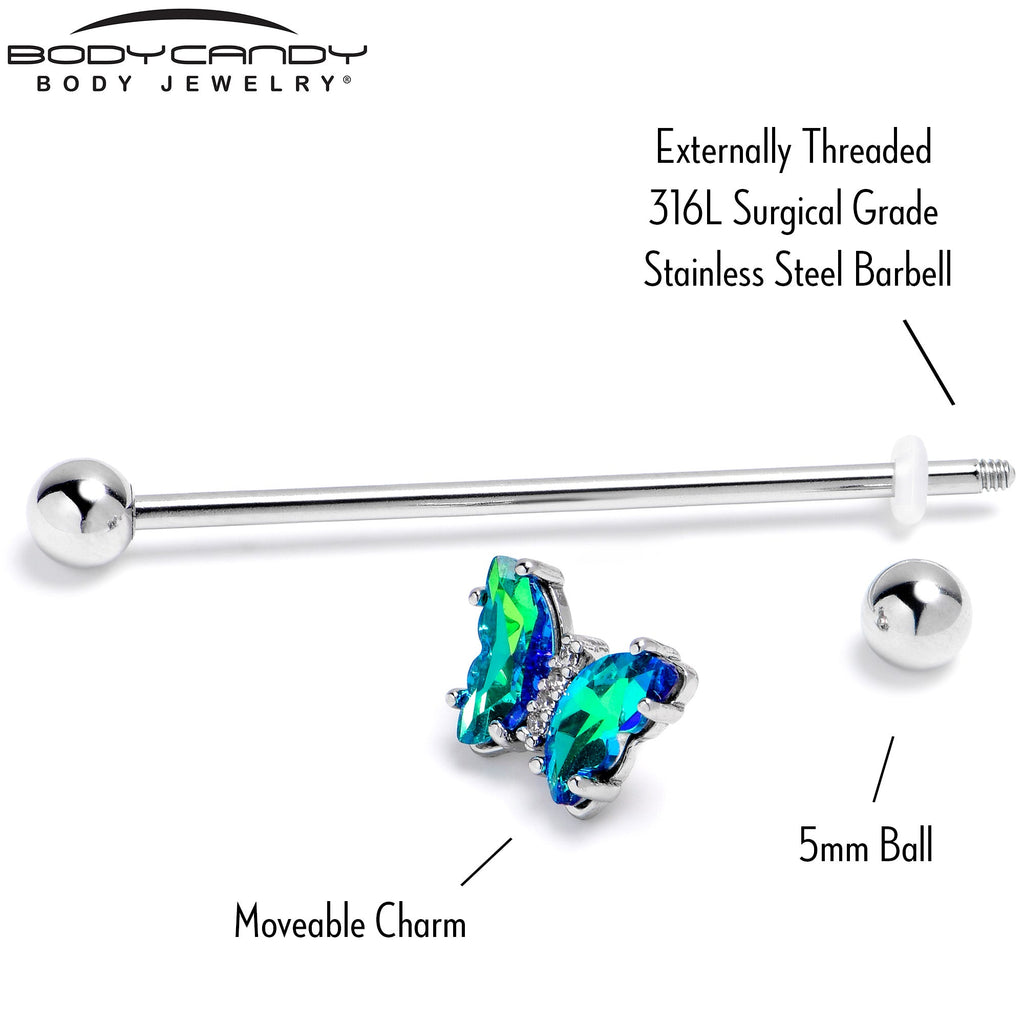 BodyCandy 14G Green CZ Gem Simply Colorful Butterfly Industrial Barbell 38mm — back view