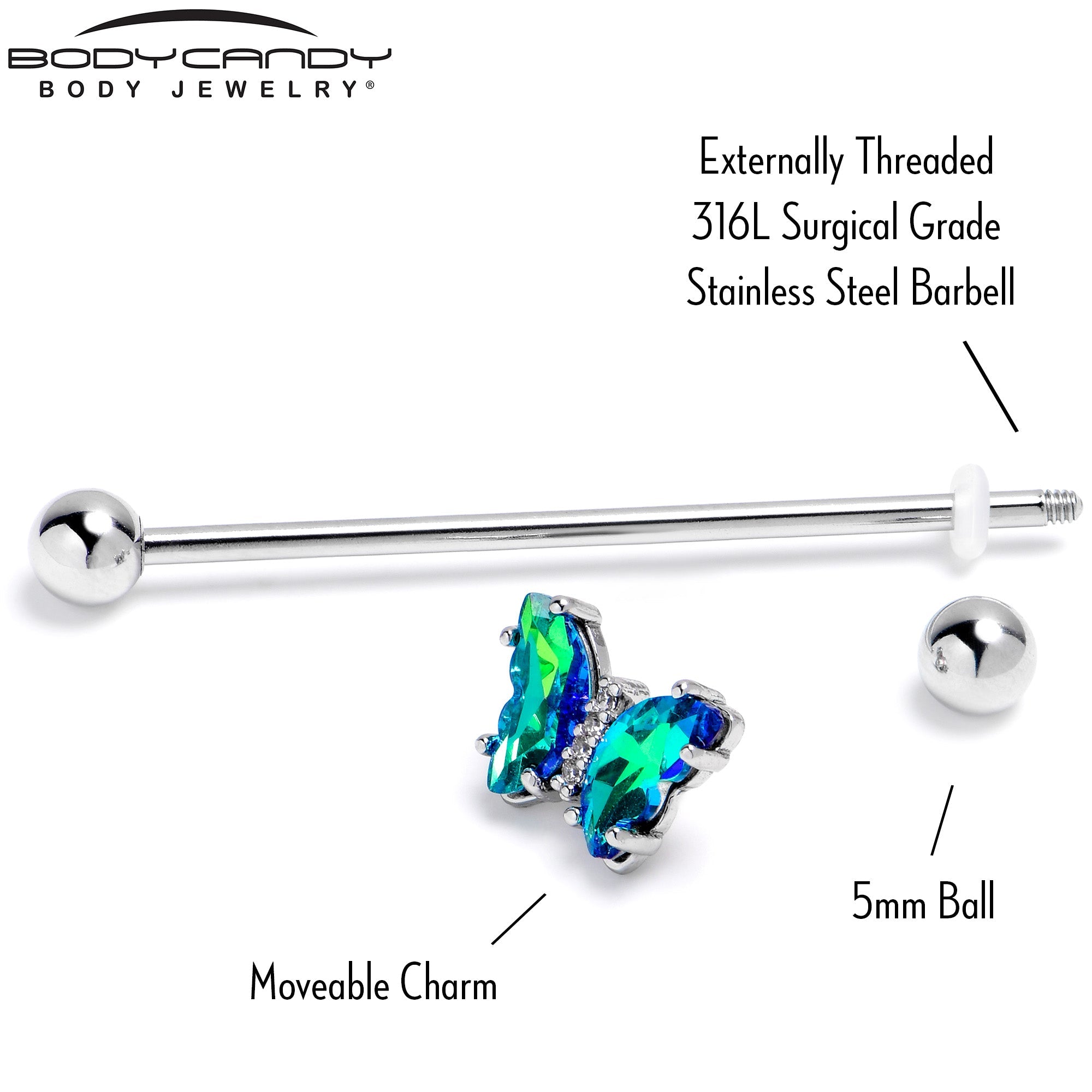 BodyCandy 14G Green CZ Gem Simply Colorful Butterfly Industrial Barbell 38mm — back view