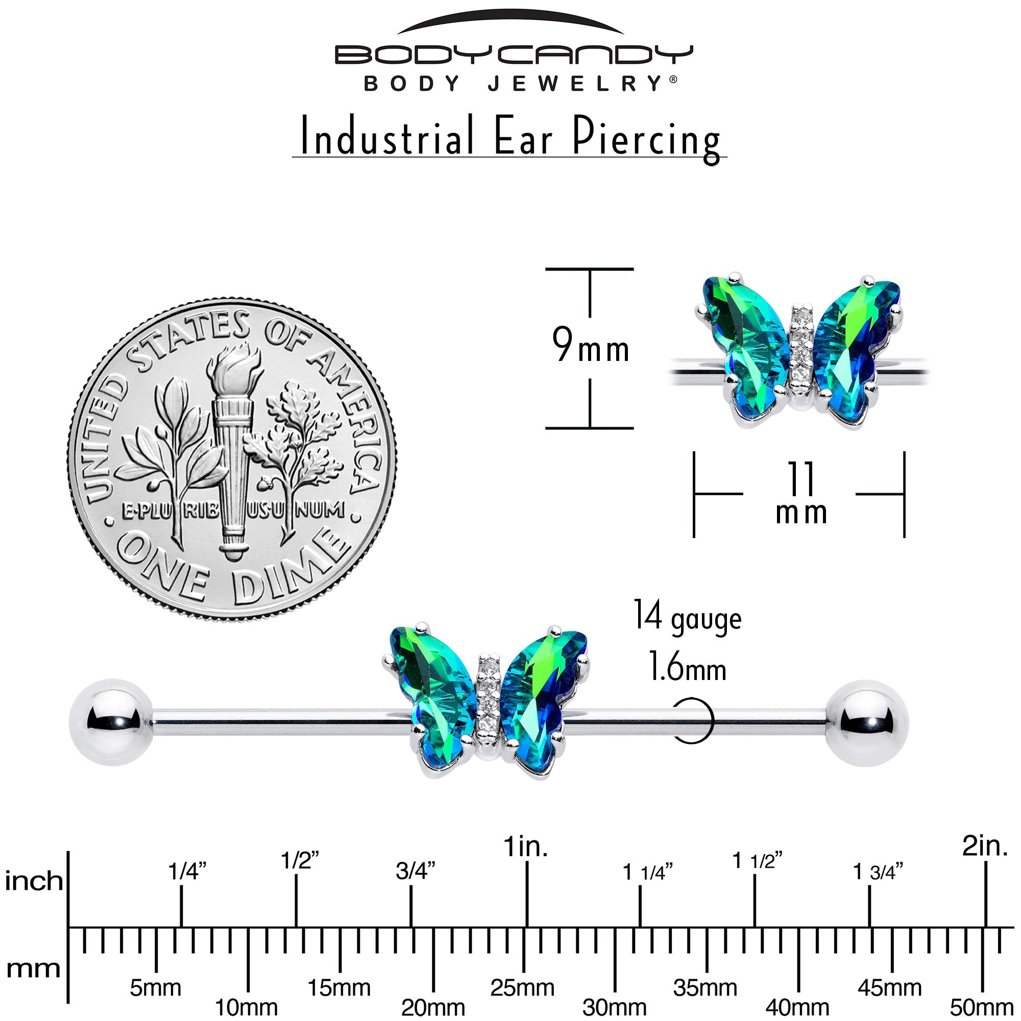 BodyCandy 14G Green CZ Gem Simply Colorful Butterfly Industrial Barbell 38mm — alternative angle