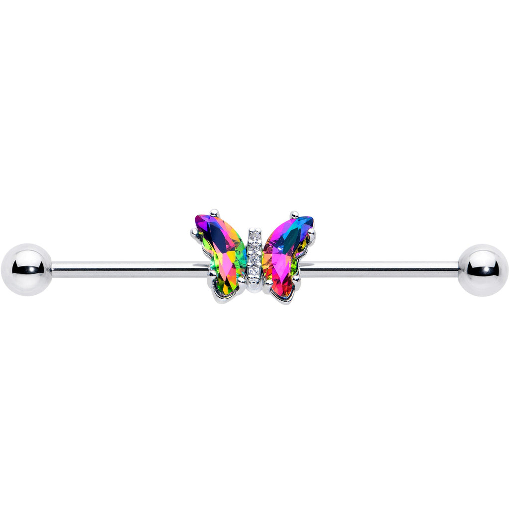 BodyCandy 14G Rainbow CZ Gem Simply Colorful Butterfly Industrial Barbell 38mm — detail close-up