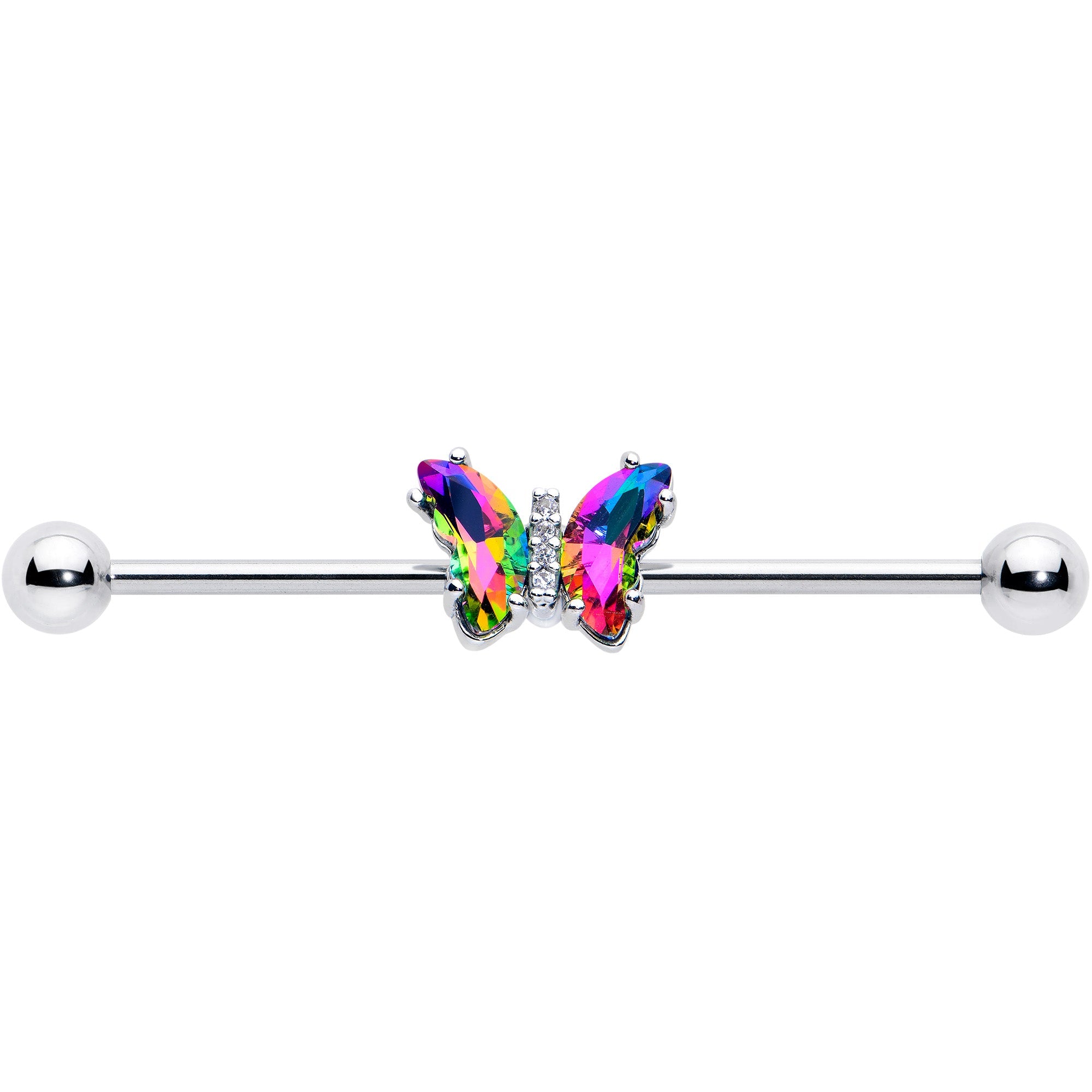 BodyCandy 14G Rainbow CZ Gem Simply Colorful Butterfly Industrial Barbell 38mm — detail close-up