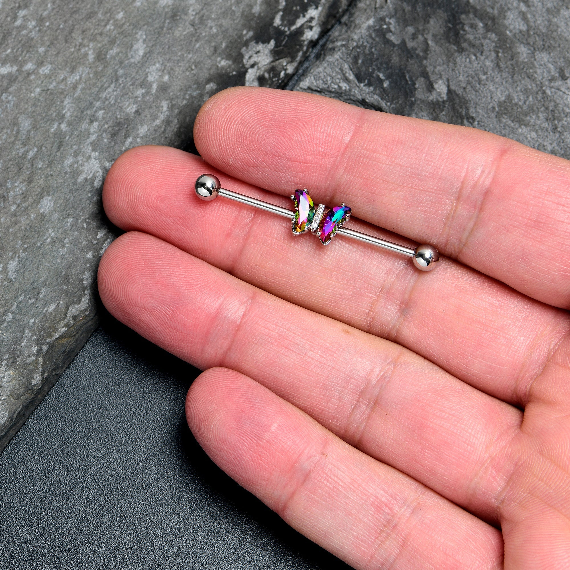 BodyCandy 14G Rainbow CZ Gem Simply Colorful Butterfly Industrial Barbell 38mm — lifestyle context