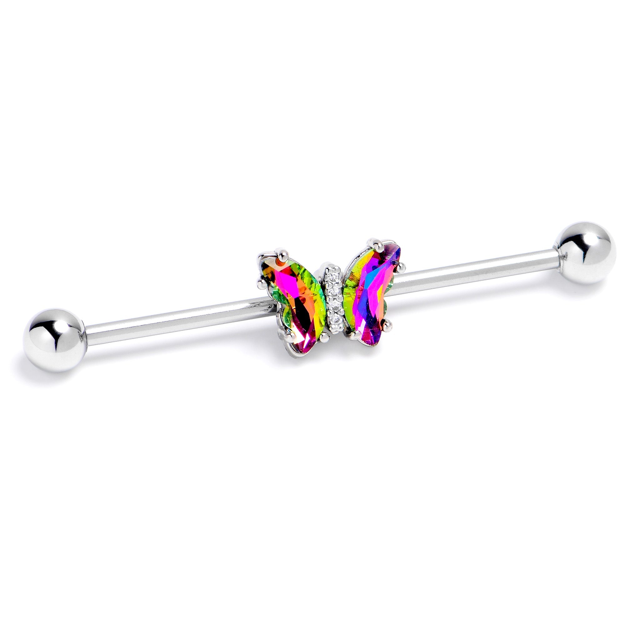 BodyCandy 14G Rainbow CZ Gem Simply Colorful Butterfly Industrial Barbell 38mm — side view