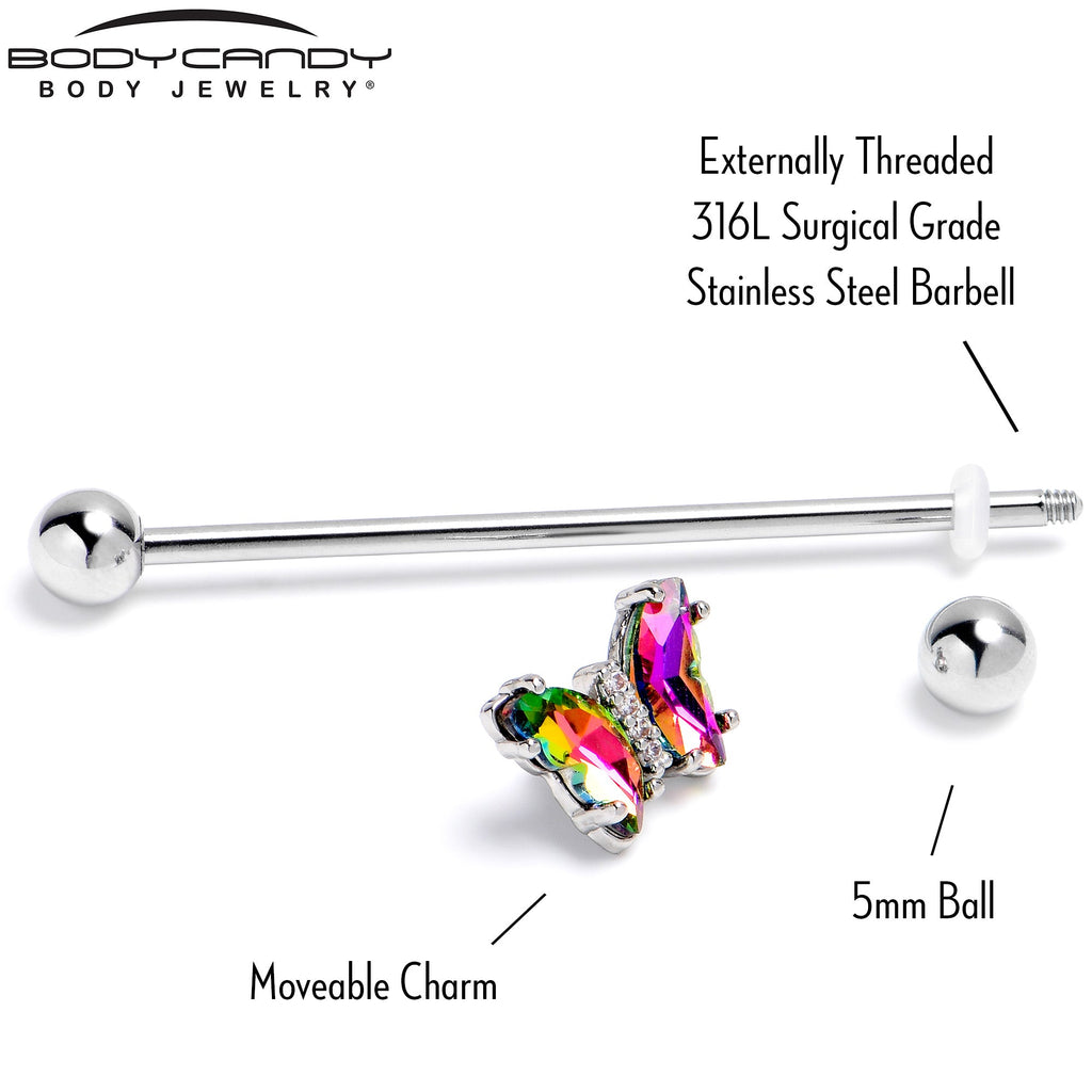 BodyCandy 14G Rainbow CZ Gem Simply Colorful Butterfly Industrial Barbell 38mm — back view