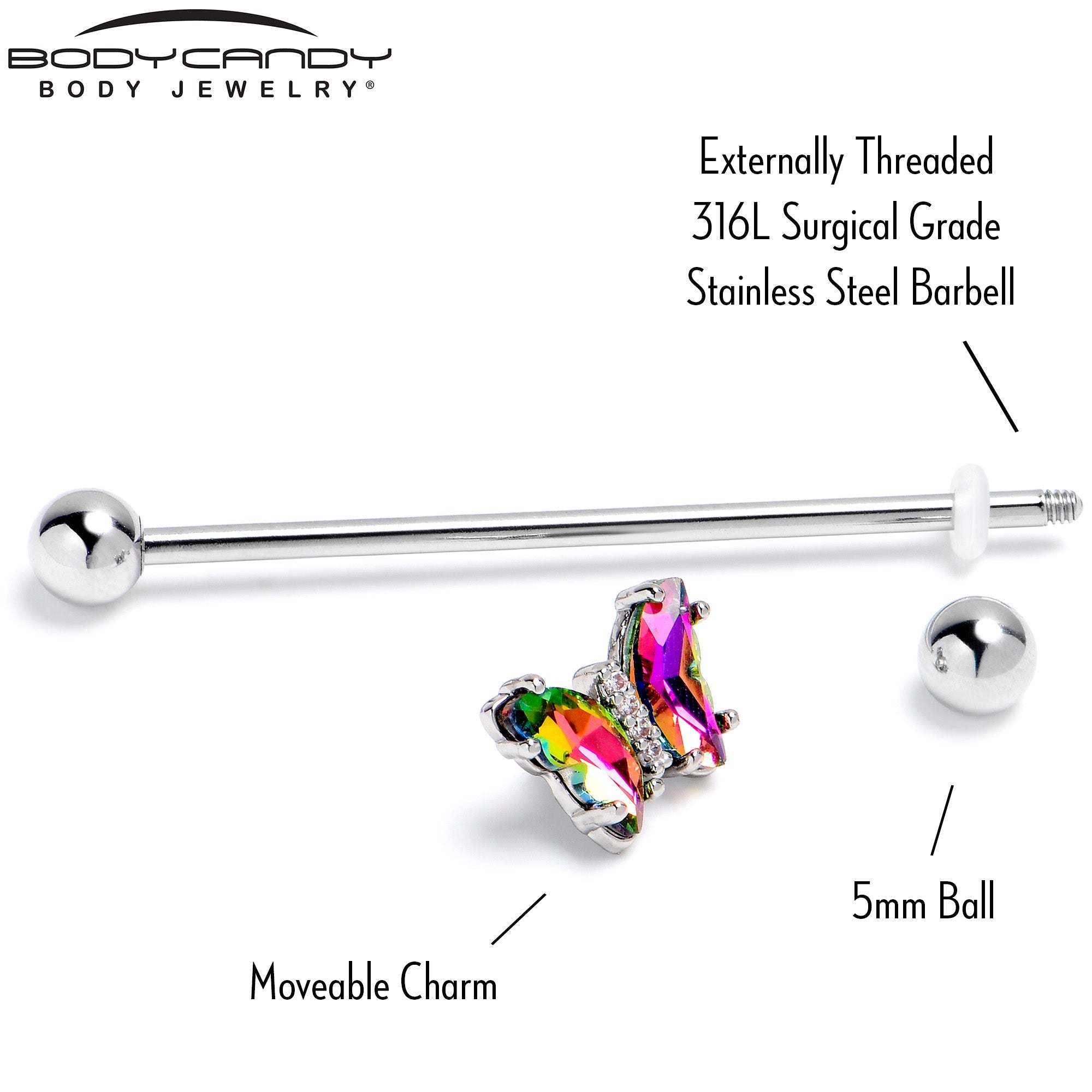 BodyCandy 14G Rainbow CZ Gem Simply Colorful Butterfly Industrial Barbell 38mm — back view