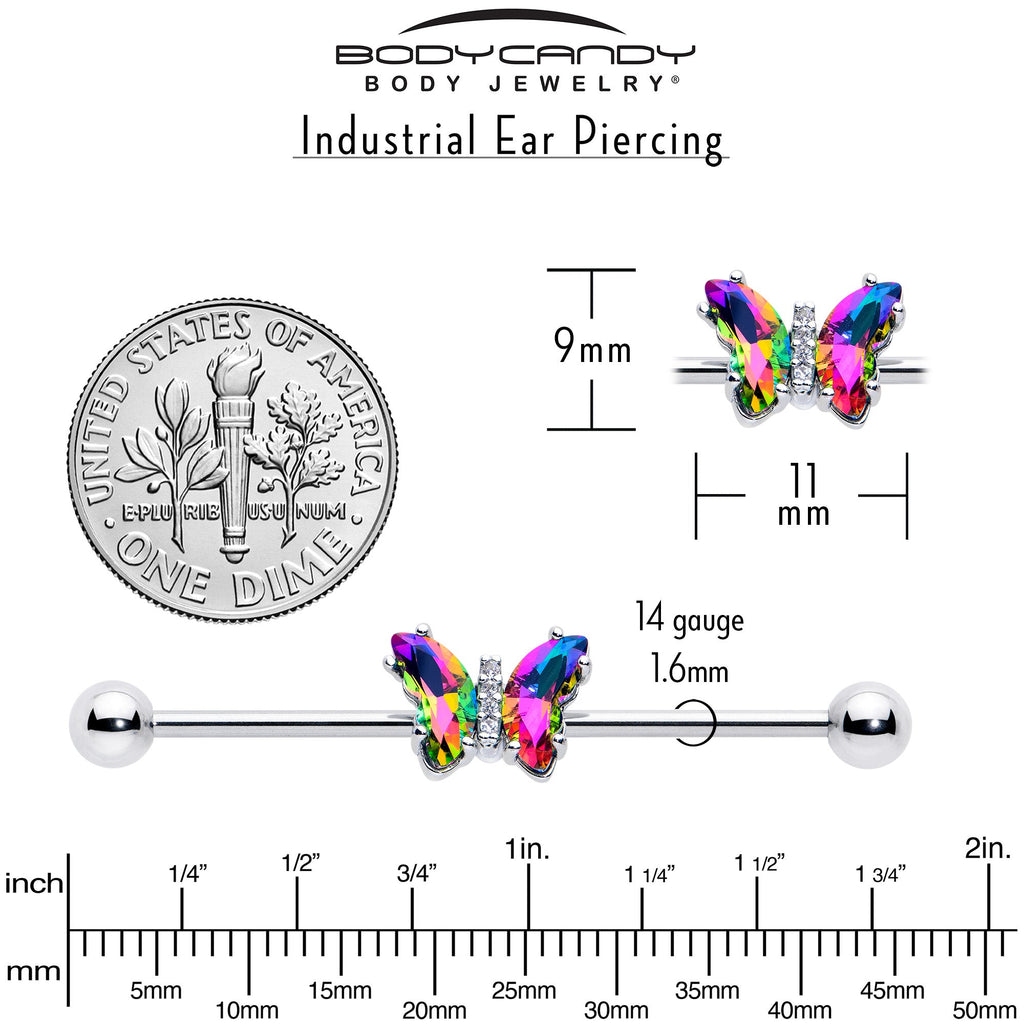 BodyCandy 14G Rainbow CZ Gem Simply Colorful Butterfly Industrial Barbell 38mm — alternative angle