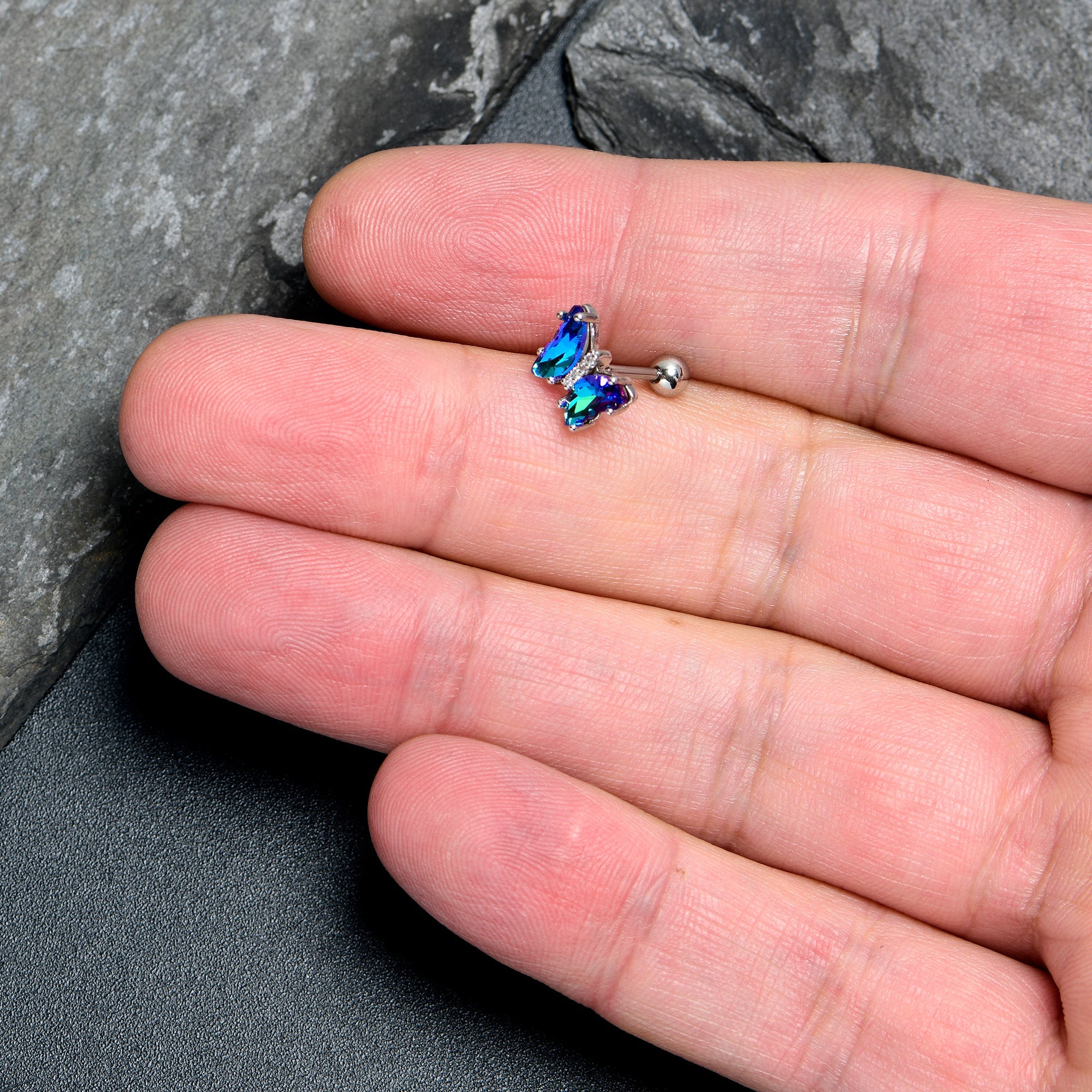 BodyCandy 16G 1/4 Blue CZ Gem Simply Colorful Butterfly Cartilage Earring — side view
