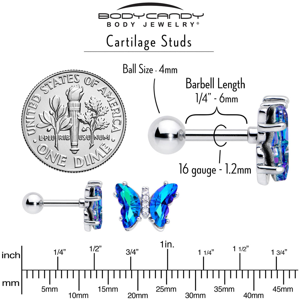 BodyCandy 16G 1/4 Blue CZ Gem Simply Colorful Butterfly Cartilage Earring — alternative angle