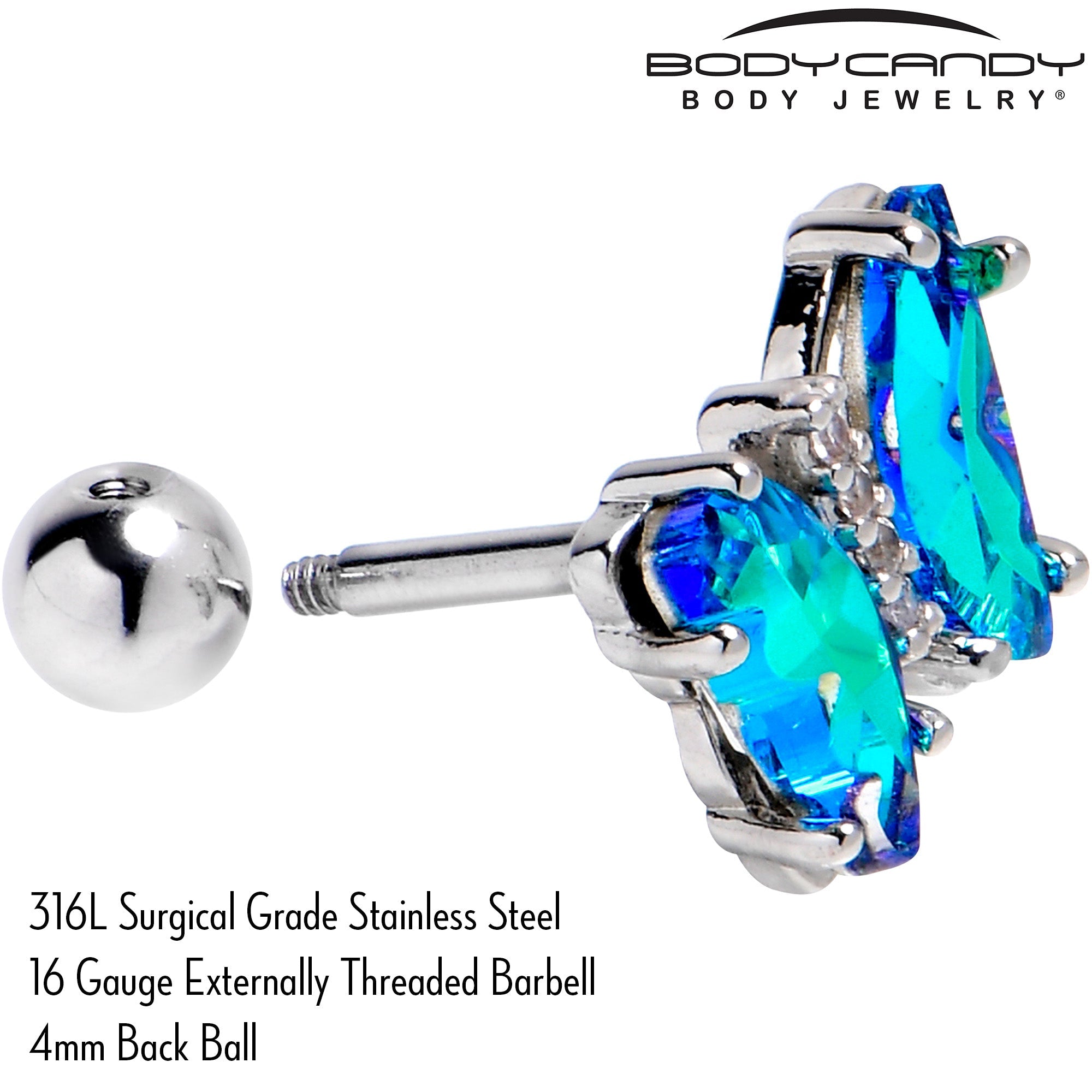 BodyCandy 16G 1/4 Green CZ Gem Simply Colorful Butterfly Cartilage Earring — back view
