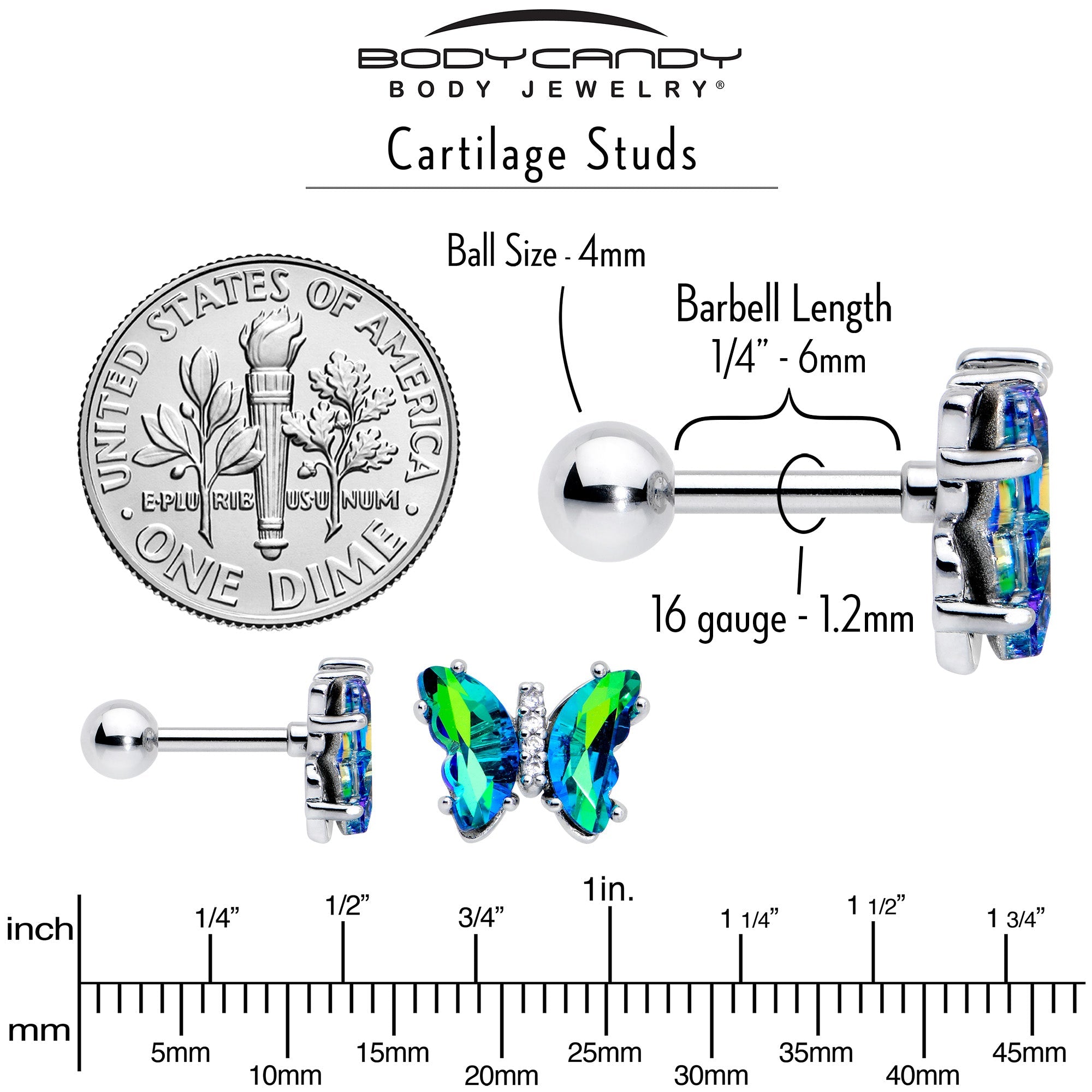 BodyCandy 16G 1/4 Green CZ Gem Simply Colorful Butterfly Cartilage Earring — alternative angle