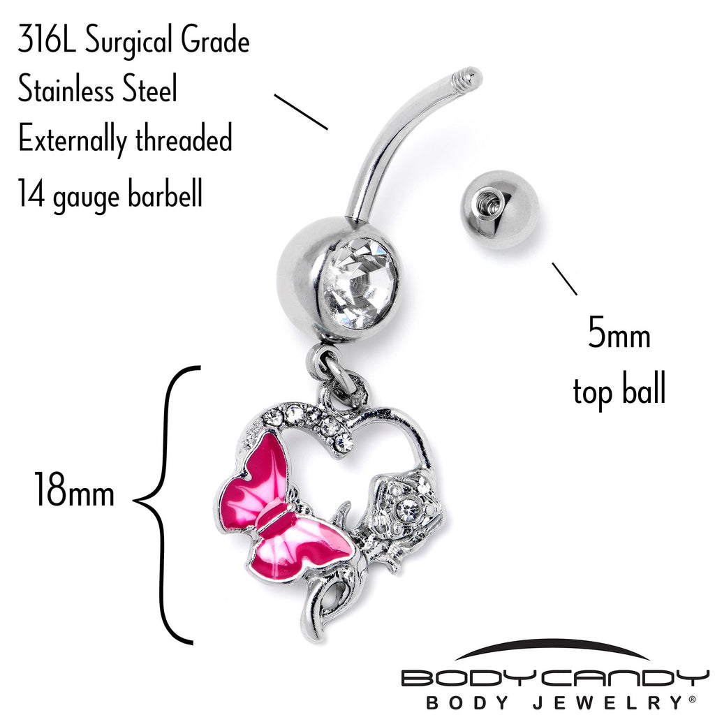 BodyCandy Clear Gem Butterfly Rose Flower Pink Dangle Belly Ring — side view