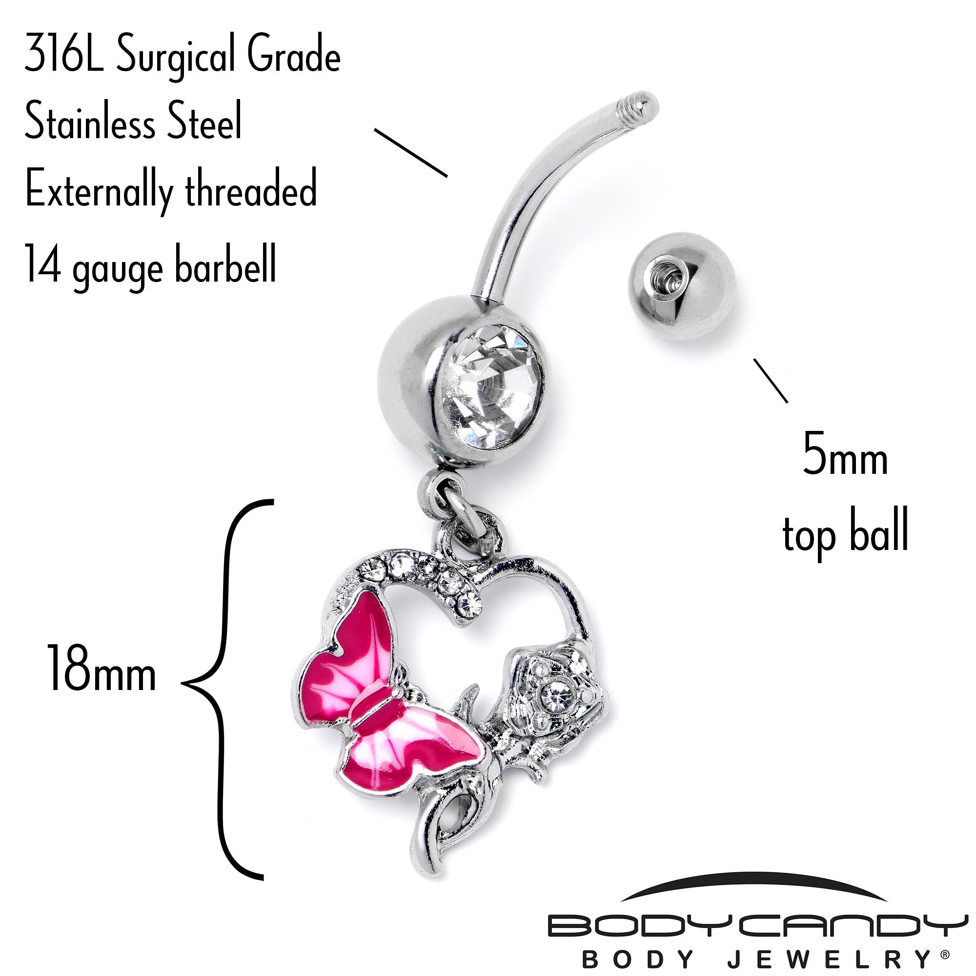BodyCandy Clear Gem Butterfly Rose Flower Pink Dangle Belly Ring — side view