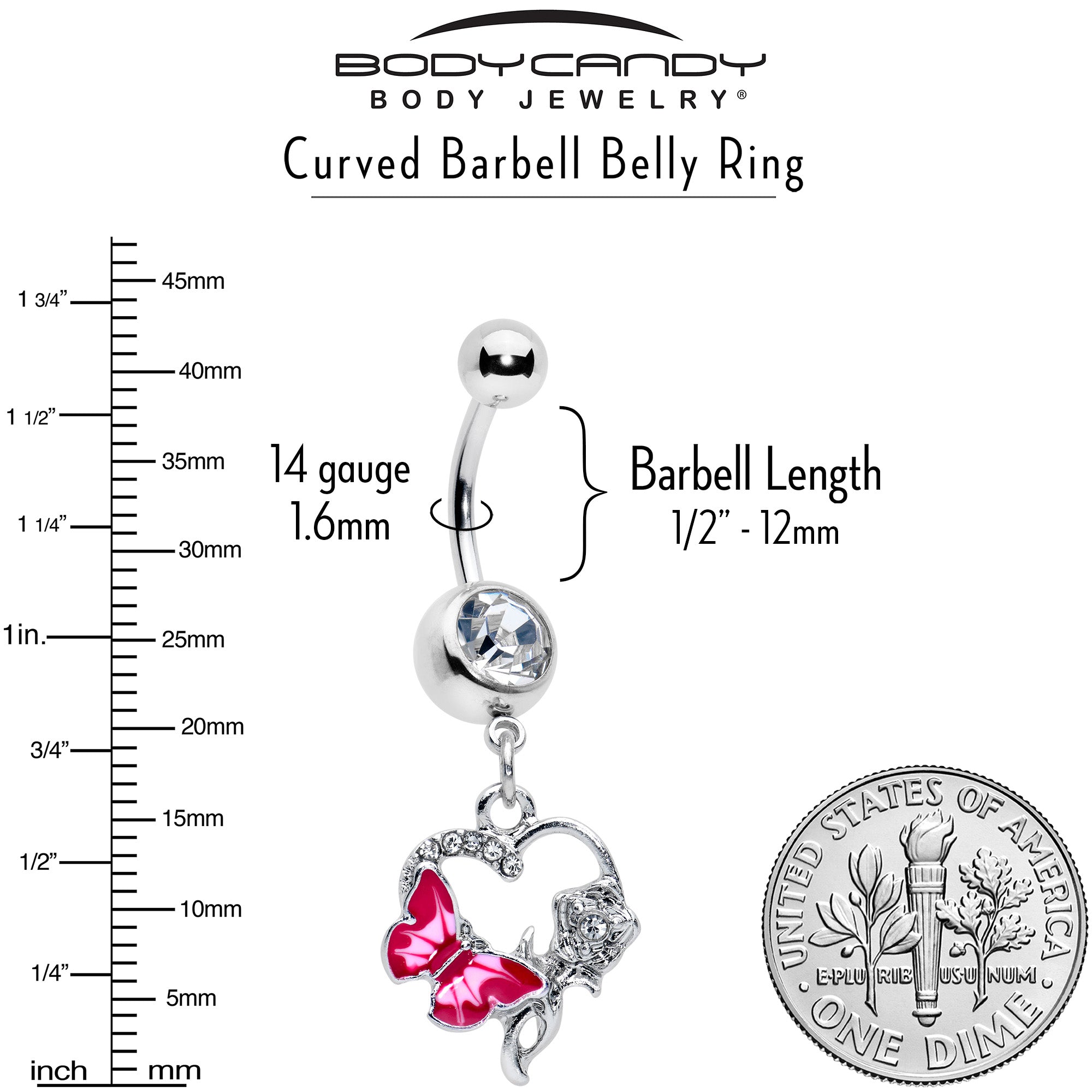 BodyCandy Clear Gem Butterfly Rose Flower Pink Dangle Belly Ring — back view