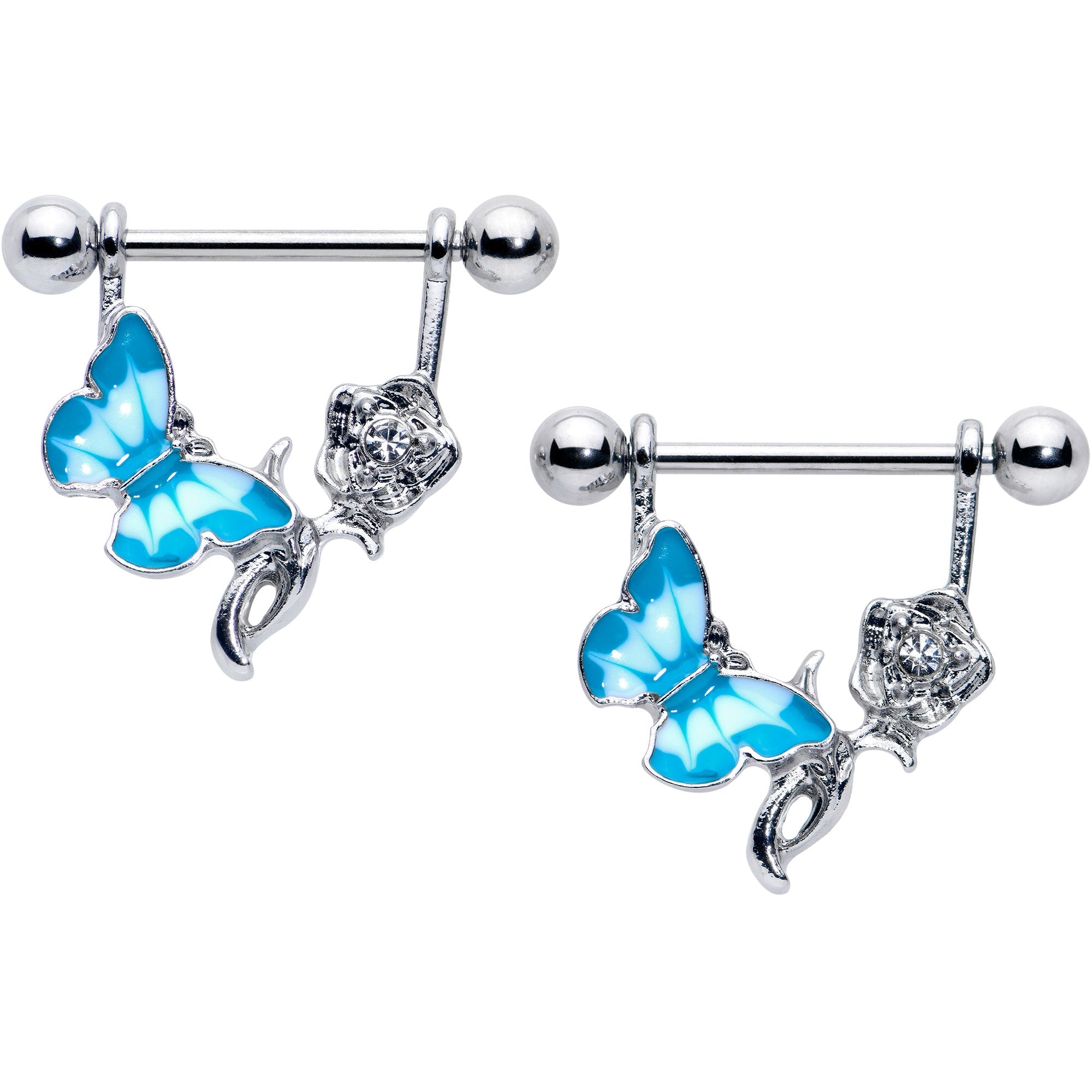 BodyCandy 14G 9/16 Butterfly Blue Rose Flower Dangle Nipple Ring Set — main product shot