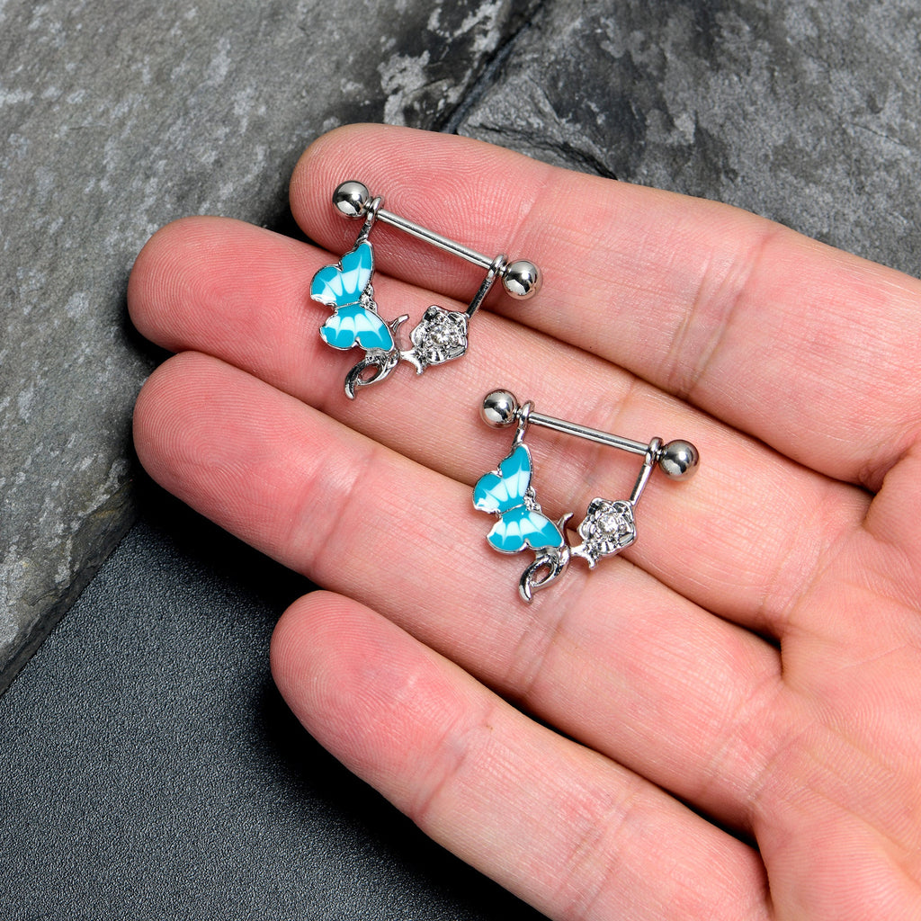 BodyCandy 14G 9/16 Butterfly Blue Rose Flower Dangle Nipple Ring Set — lifestyle context