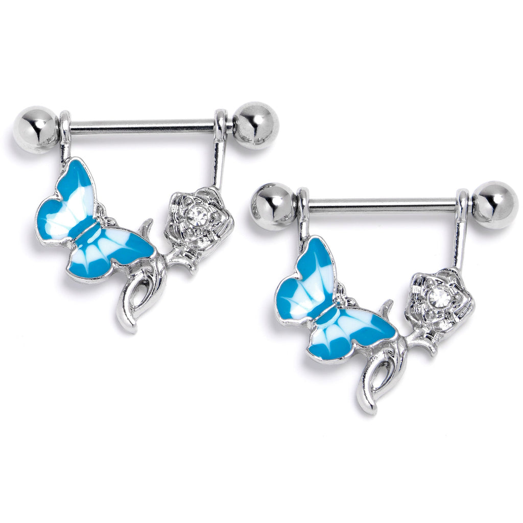 BodyCandy 14G 9/16 Butterfly Blue Rose Flower Dangle Nipple Ring Set — side view