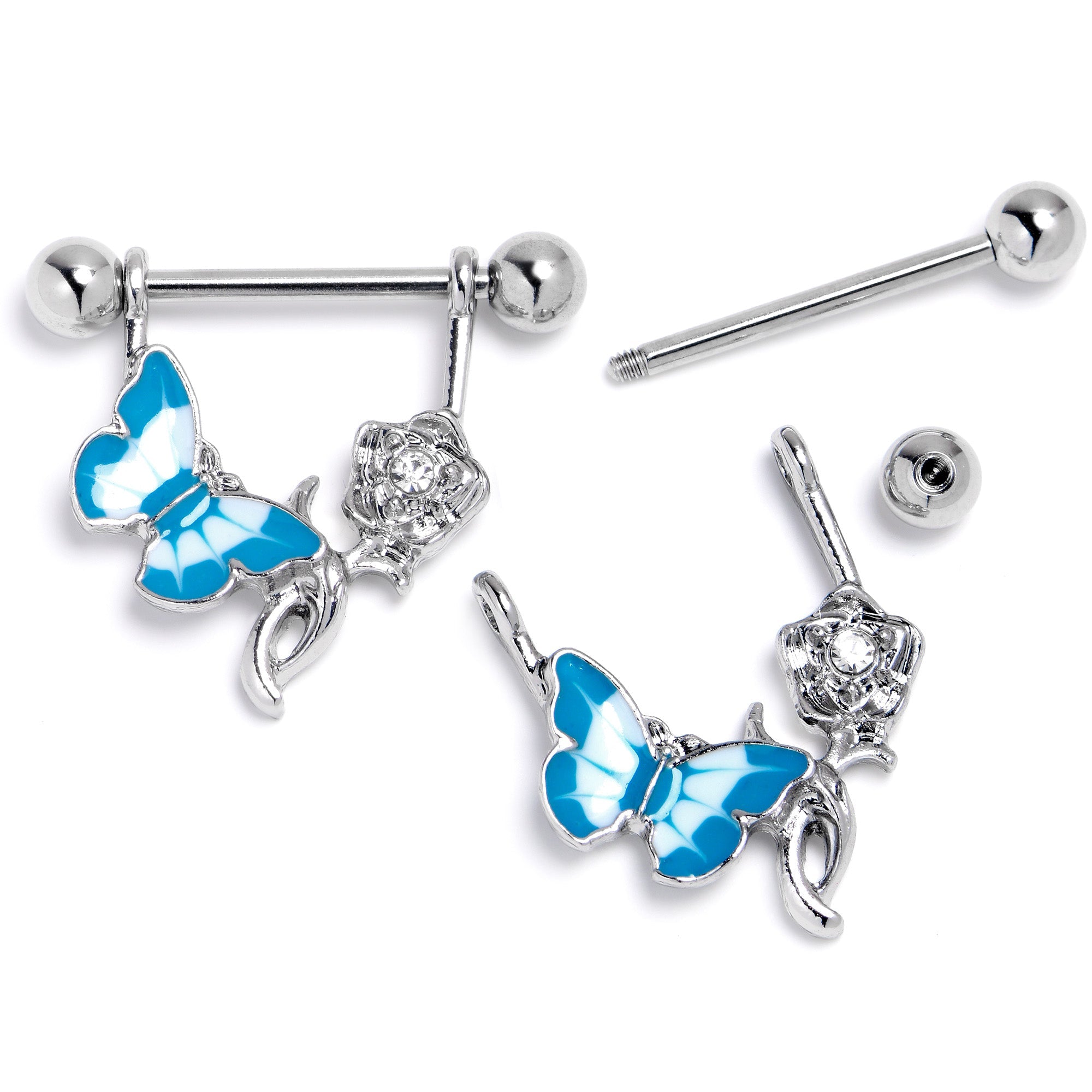 BodyCandy 14G 9/16 Butterfly Blue Rose Flower Dangle Nipple Ring Set — back view
