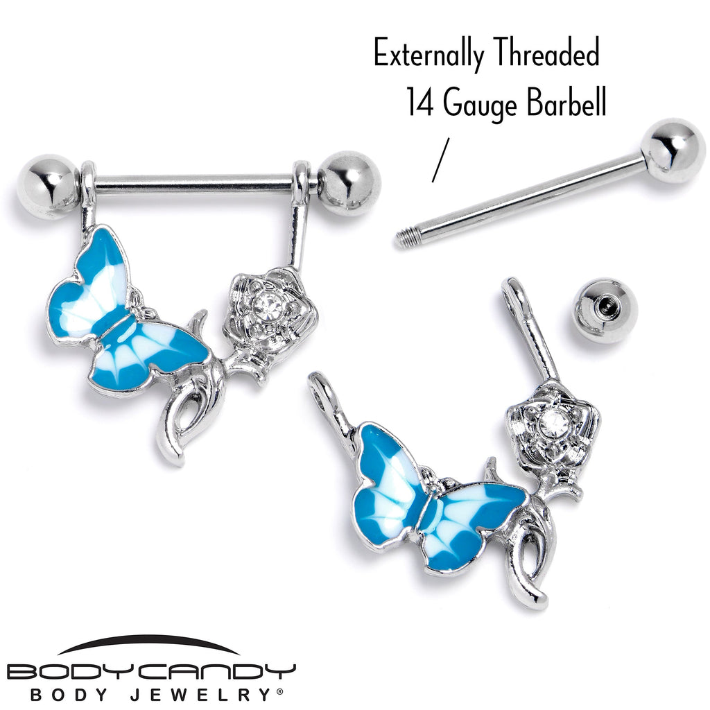 BodyCandy 14G 9/16 Butterfly Blue Rose Flower Dangle Nipple Ring Set — alternative angle
