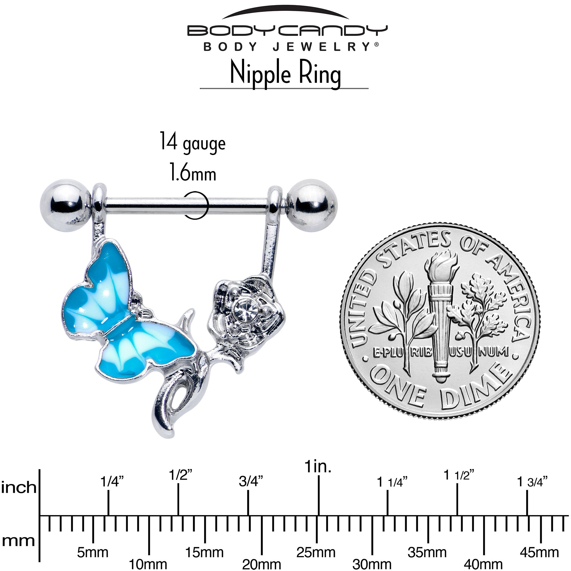BodyCandy 14G 9/16 Butterfly Blue Rose Flower Dangle Nipple Ring Set — in-use photo