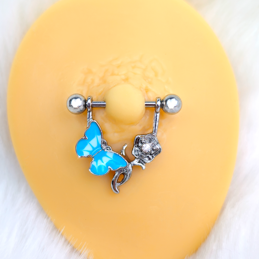 BodyCandy 14G 9/16 Butterfly Blue Rose Flower Dangle Nipple Ring Set — detail close-up
