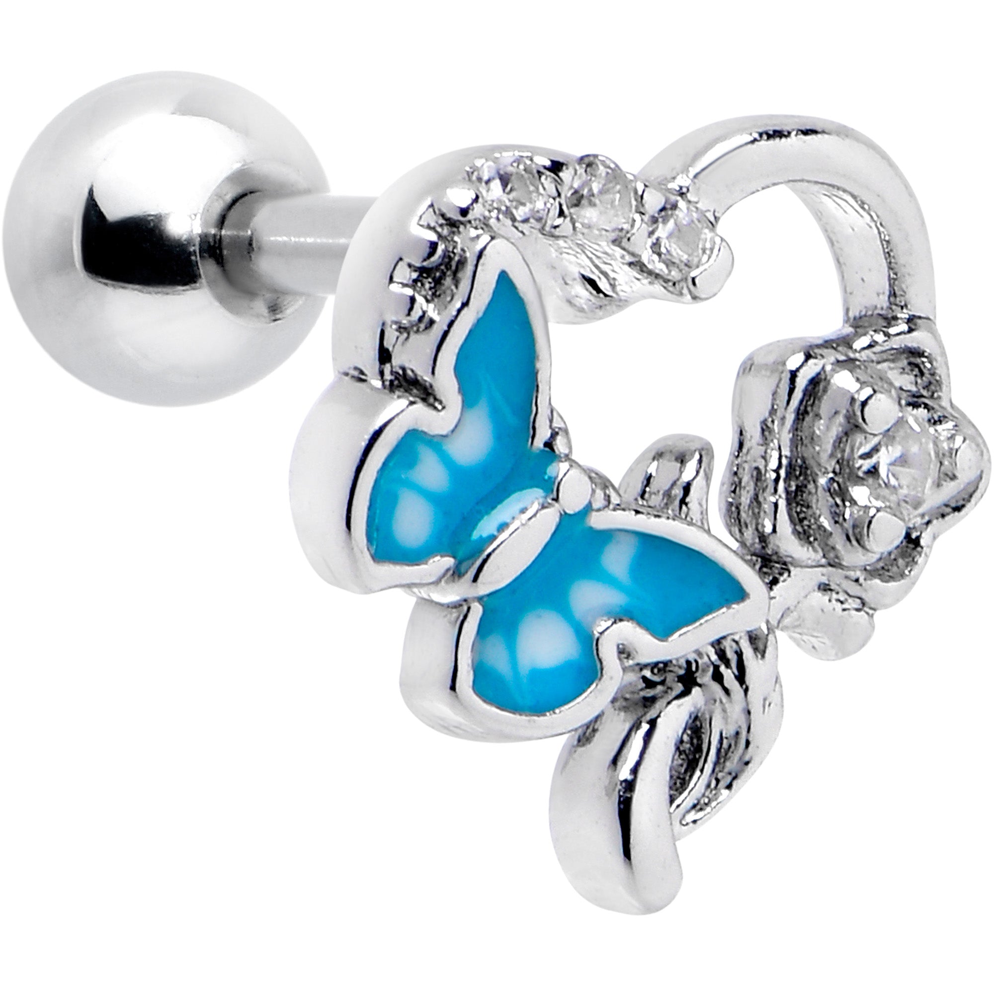 BodyCandy 16G 1/4 Clear CZ Gem Butterfly Rose Blue Cartilage Tragus Stud — main product shot