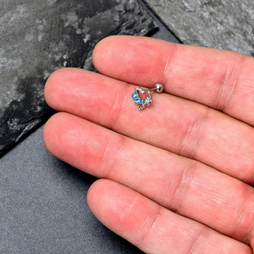 BodyCandy 16G 1/4 Clear CZ Gem Butterfly Rose Blue Cartilage Tragus Stud — side view