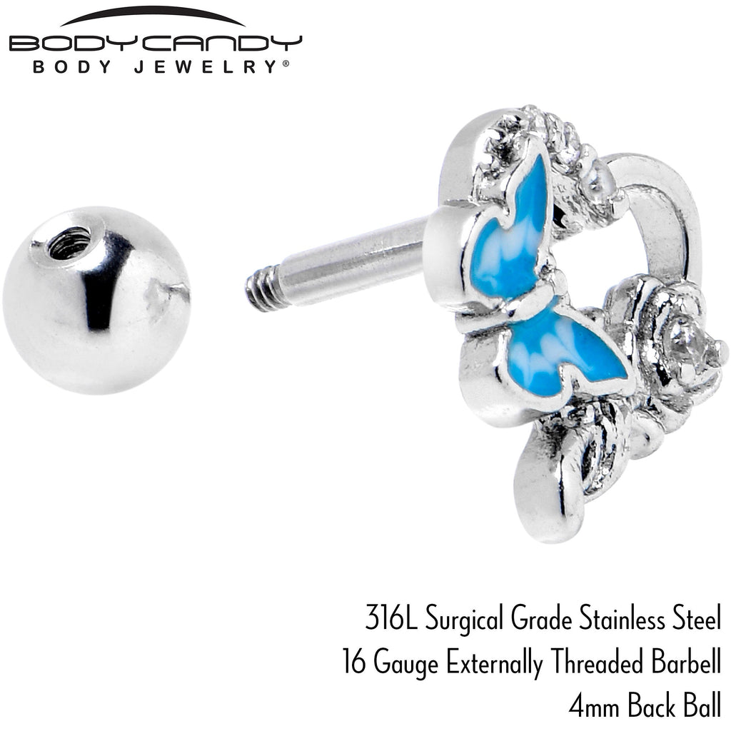 BodyCandy 16G 1/4 Clear CZ Gem Butterfly Rose Blue Cartilage Tragus Stud — back view