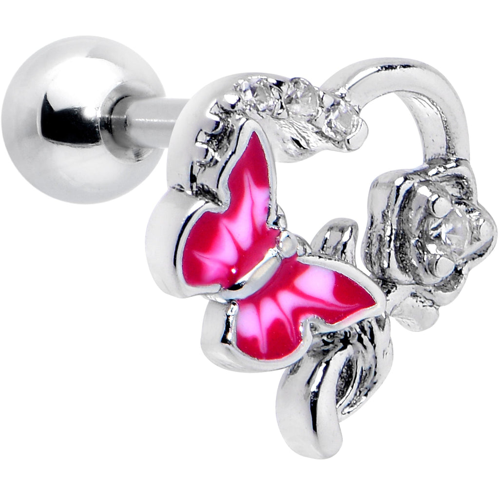 BodyCandy 16G 1/4 Clear CZ Gem Butterfly Rose Pink Cartilage Tragus Stud — main product shot