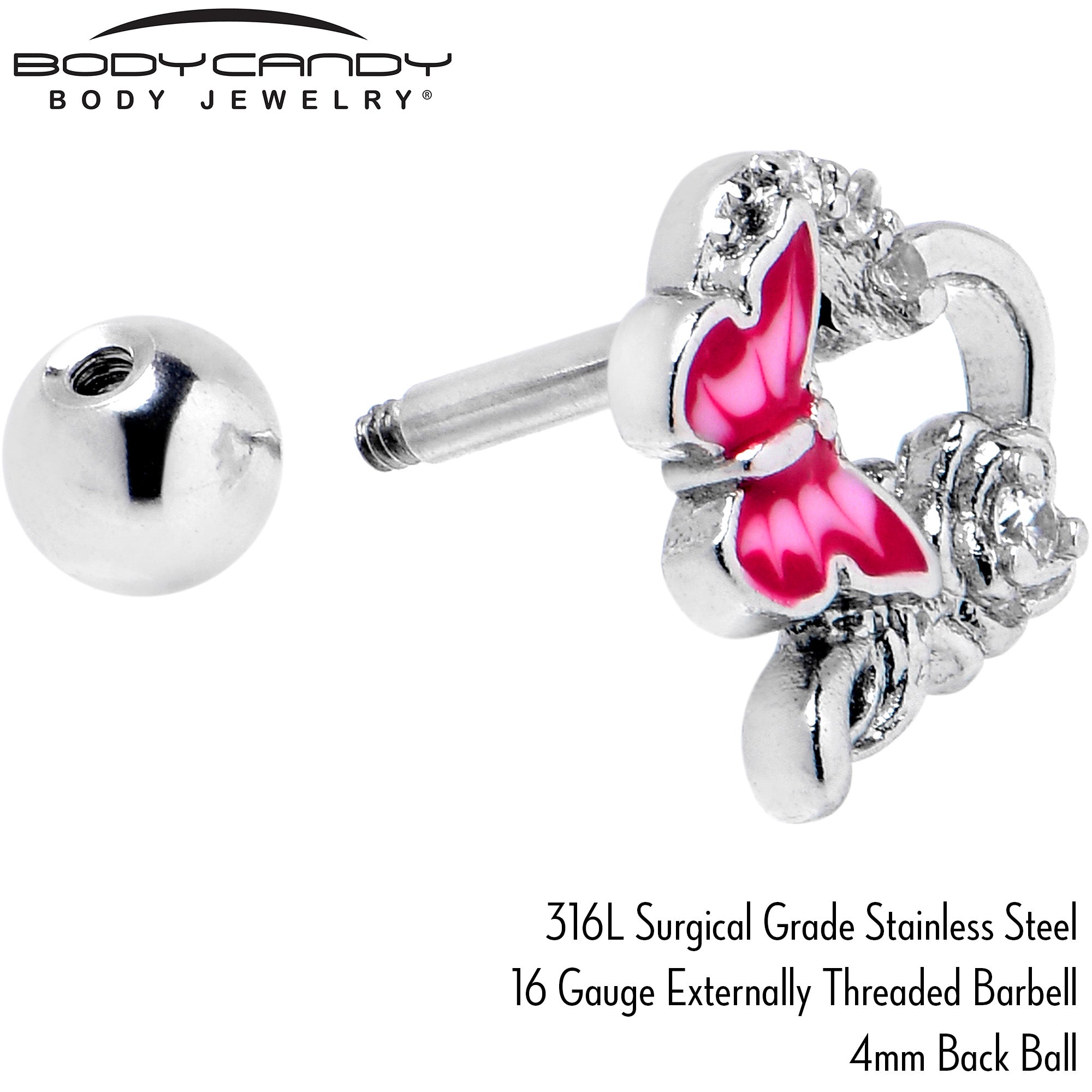 BodyCandy 16G 1/4 Clear CZ Gem Butterfly Rose Pink Cartilage Tragus Stud — back view