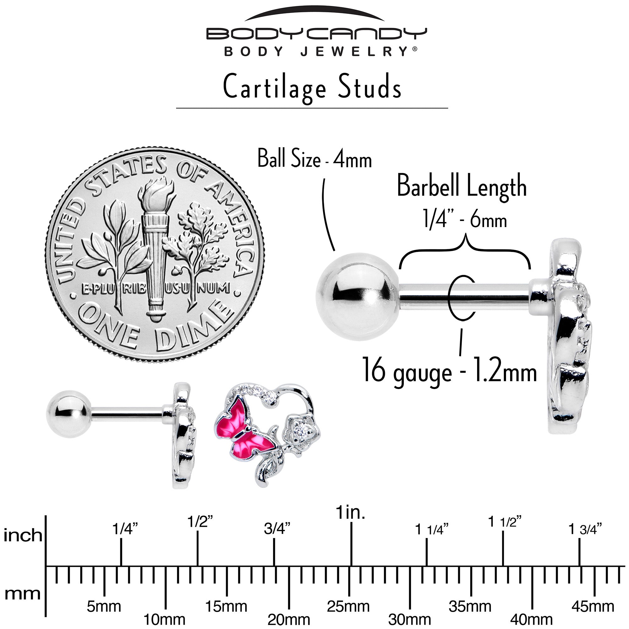 BodyCandy 16G 1/4 Clear CZ Gem Butterfly Rose Pink Cartilage Tragus Stud — alternative angle