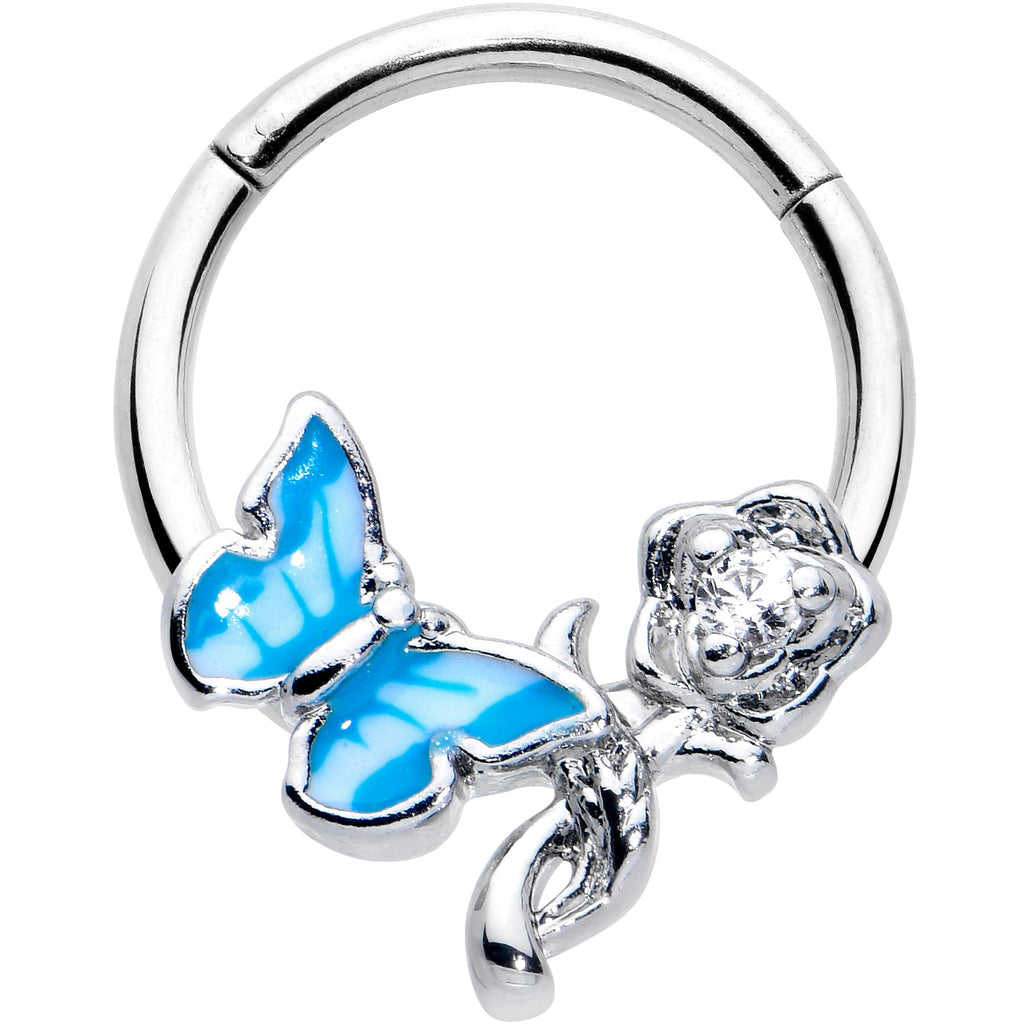 BodyCandy 16G 3/8 Clear CZ Gem Butterfly Rose Blue Hinged Segment Ring — main product shot