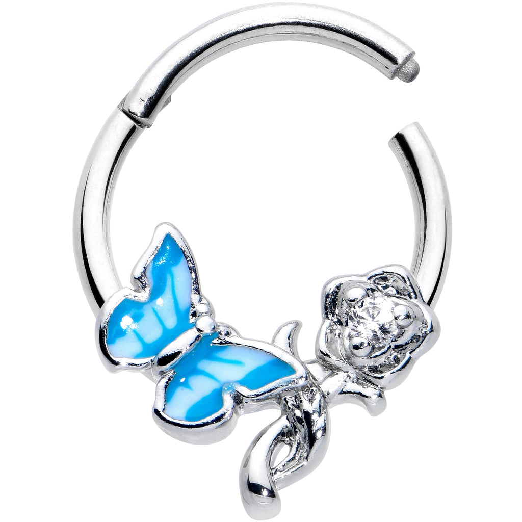 BodyCandy 16G 3/8 Clear CZ Gem Butterfly Rose Blue Hinged Segment Ring — detail close-up