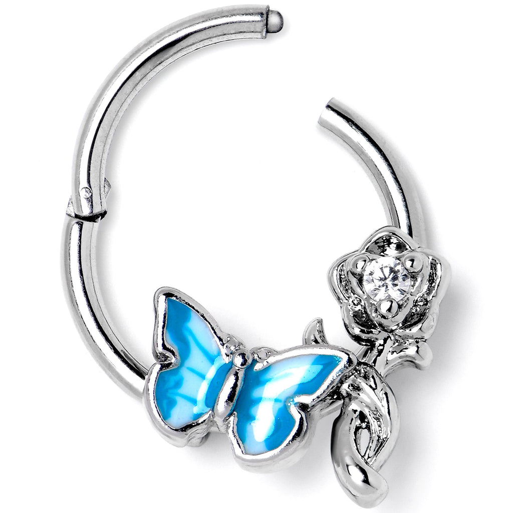 BodyCandy 16G 3/8 Clear CZ Gem Butterfly Rose Blue Hinged Segment Ring — side view